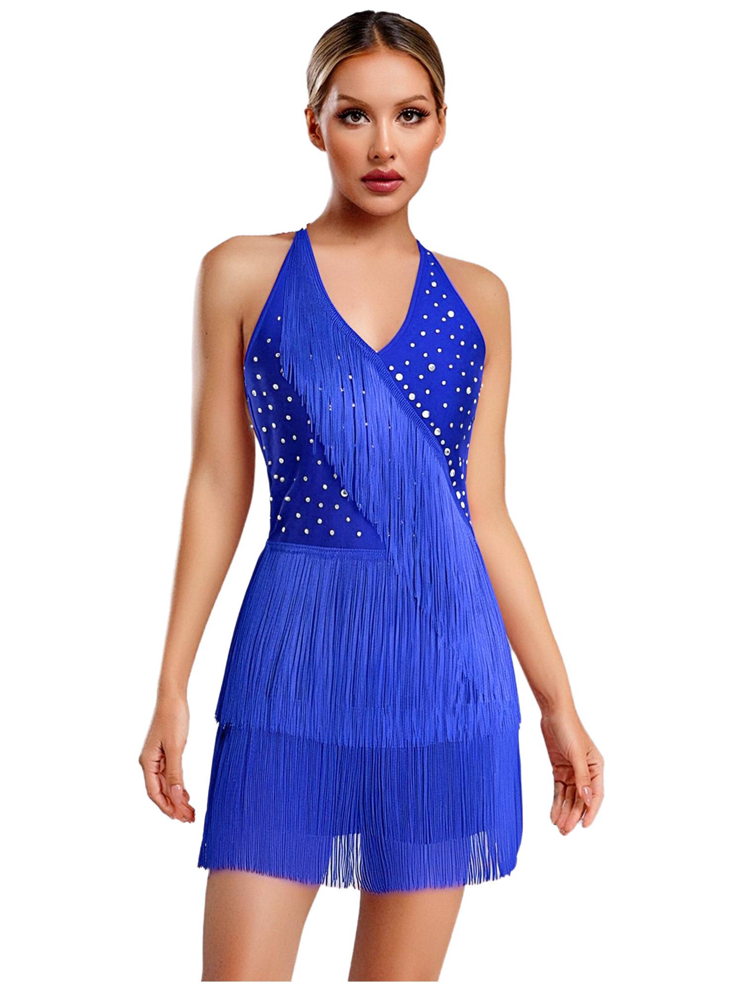 Women Sleeveless V Neck Tassels Latin Dance Dress Jazz Ballroom Leotard