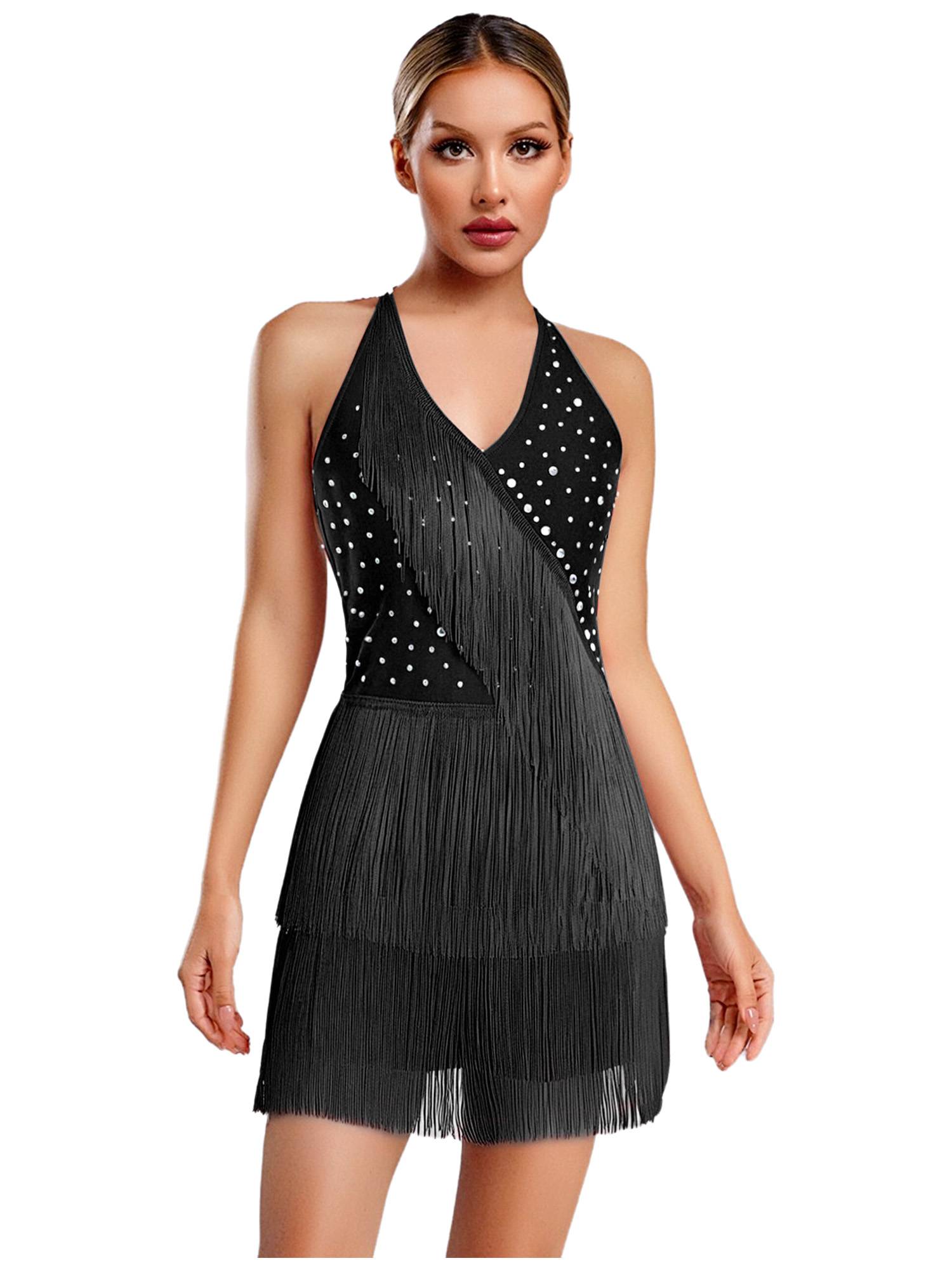 Women Sleeveless V Neck Tassels Latin Dance Dress Jazz Ballroom Leotard