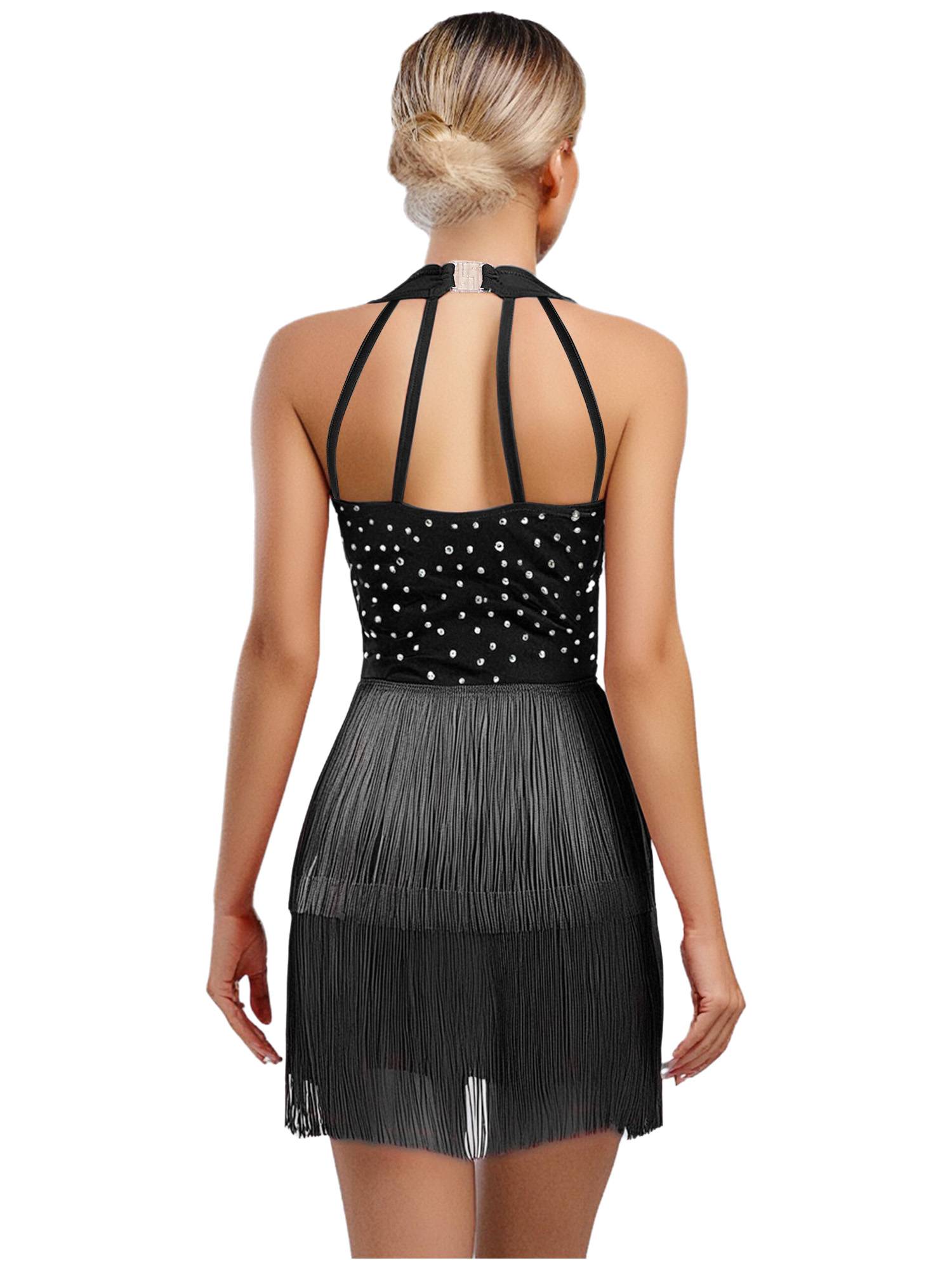 Women Sleeveless V Neck Tassels Latin Dance Dress Jazz Ballroom Leotard