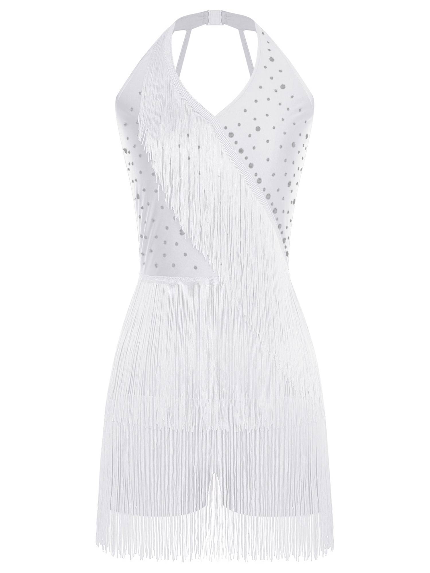 Women Sleeveless V Neck Tassels Latin Dance Dress Jazz Ballroom Leotard