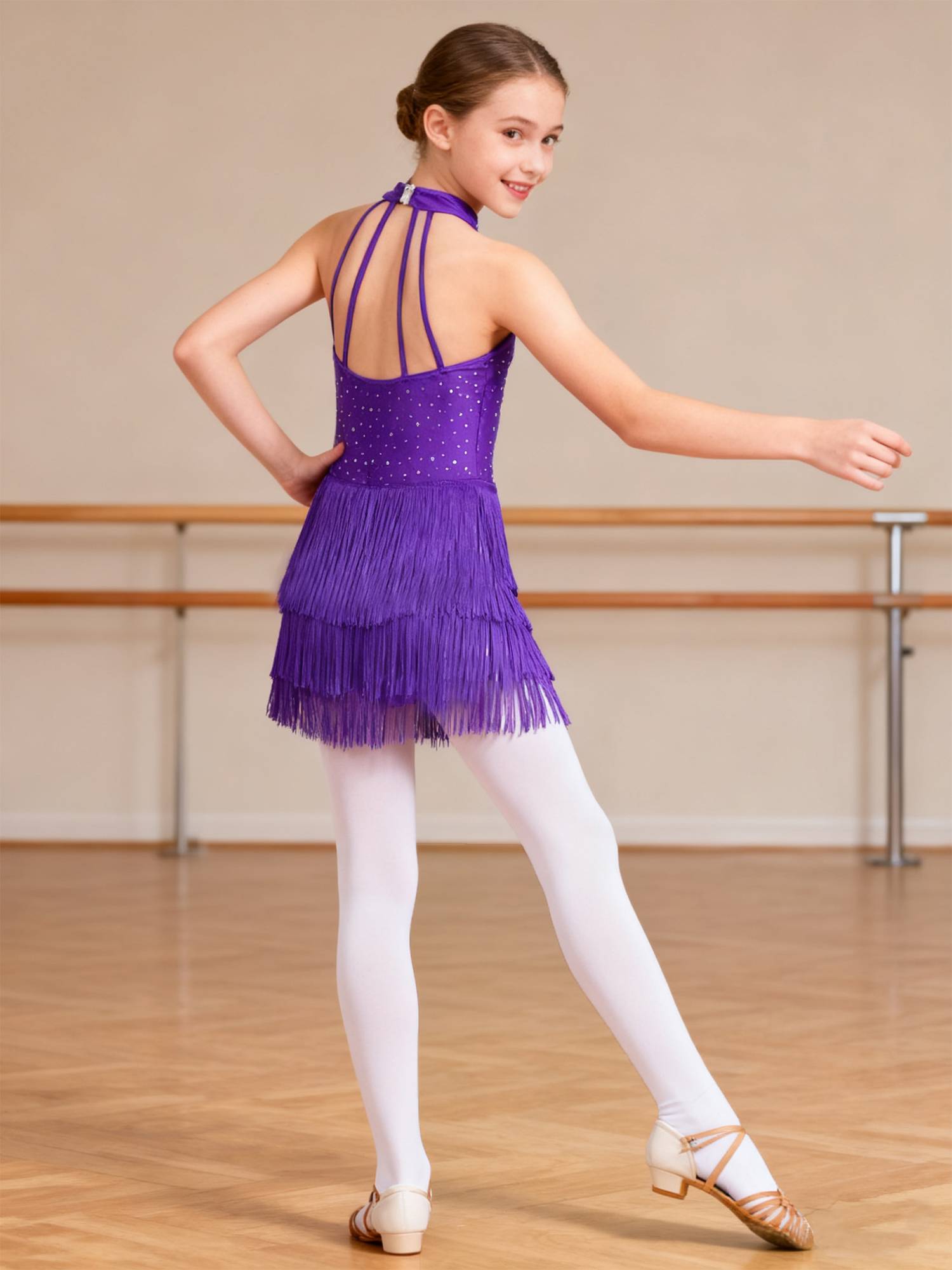 Girls Latin Dance Dress Sleeveless Fringe Strappy Back Dance Leotard