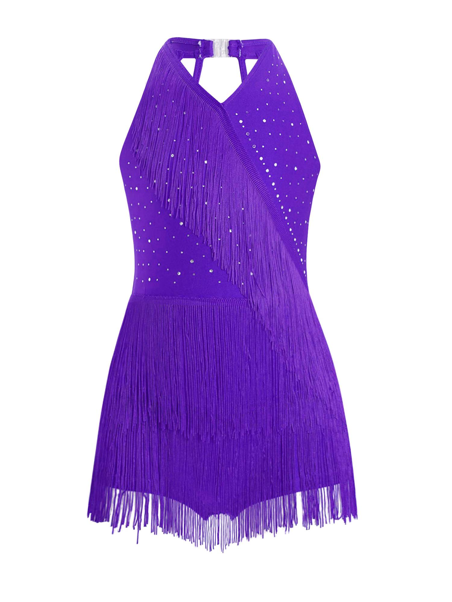 Girls Latin Dance Dress Sleeveless Fringe Strappy Back Dance Leotard