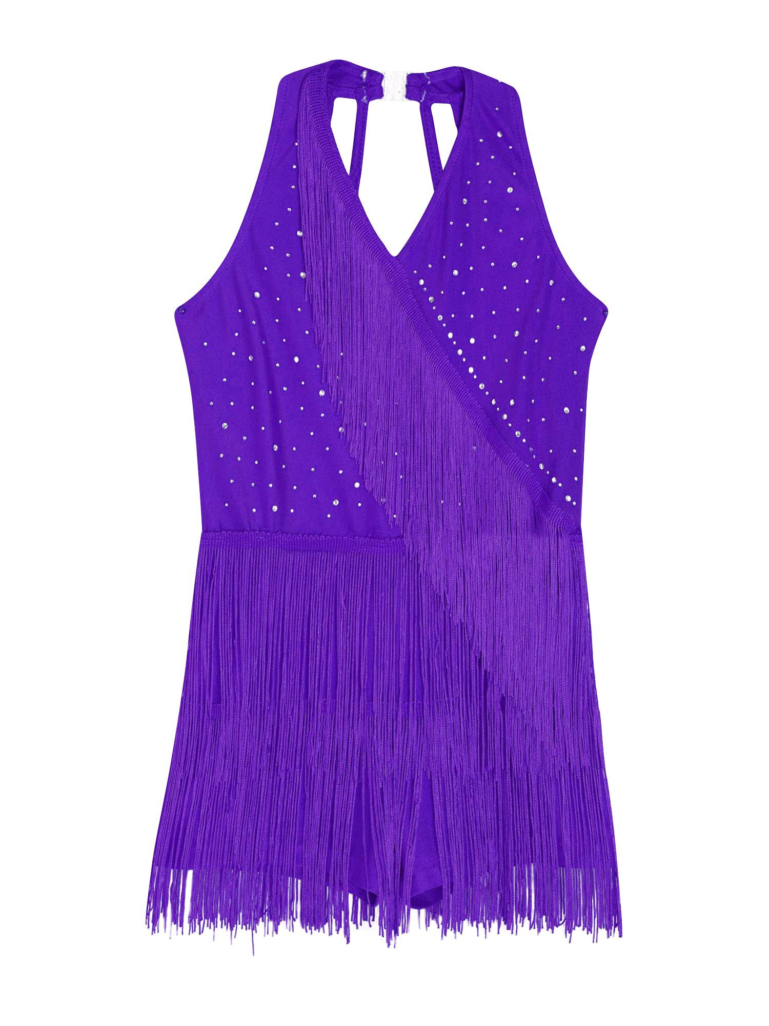 Girls Latin Dance Dress Sleeveless Fringe Strappy Back Dance Leotard