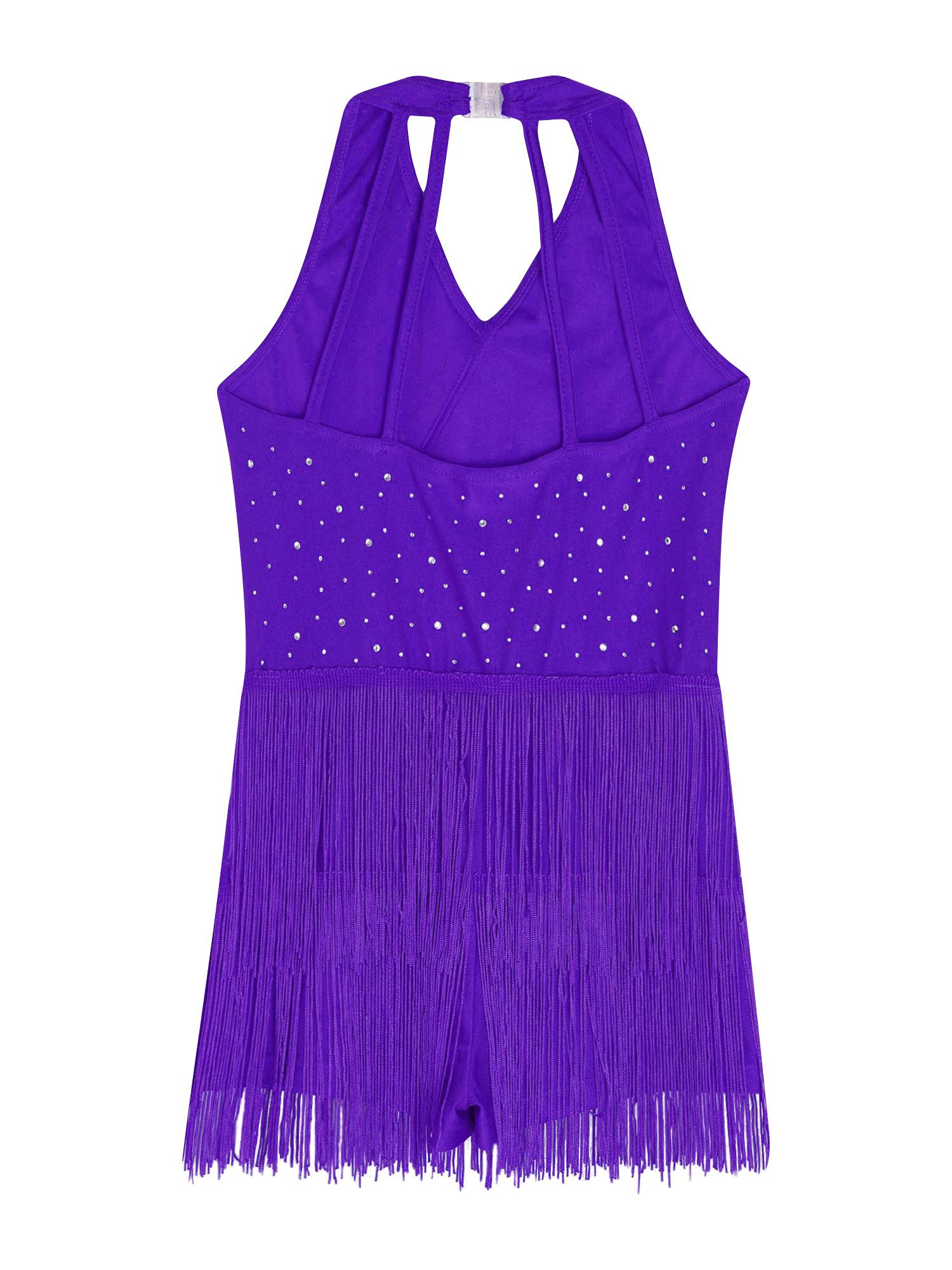 Girls Latin Dance Dress Sleeveless Fringe Strappy Back Dance Leotard