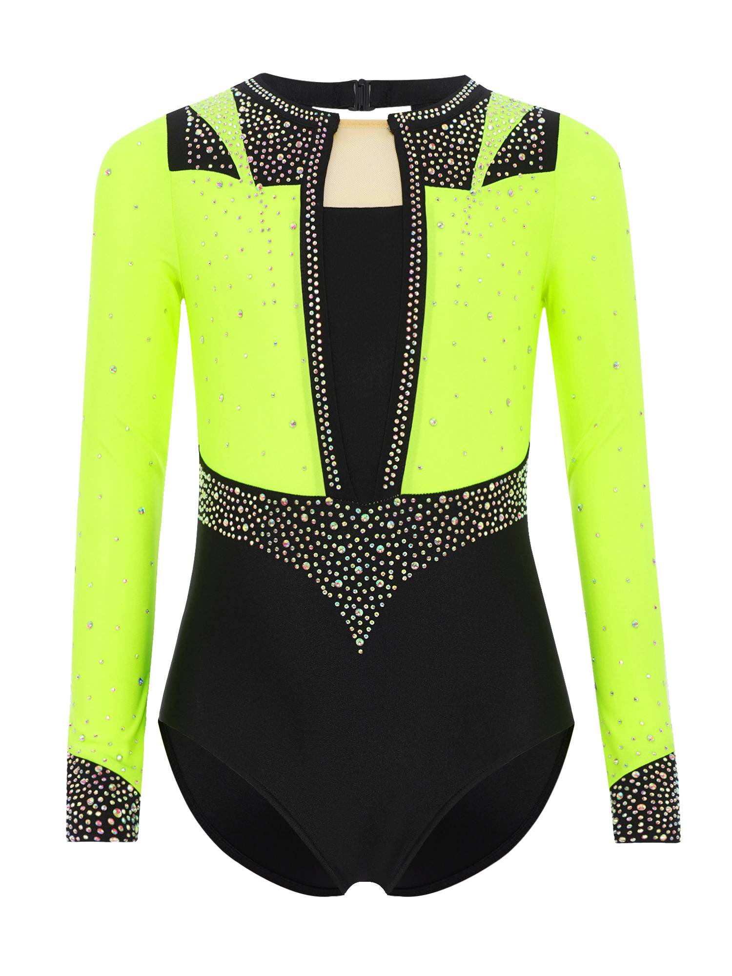 Girls Long Sleeve Gymnastics Leotard Rhinestone Color Block Ice Skating Bodysuit