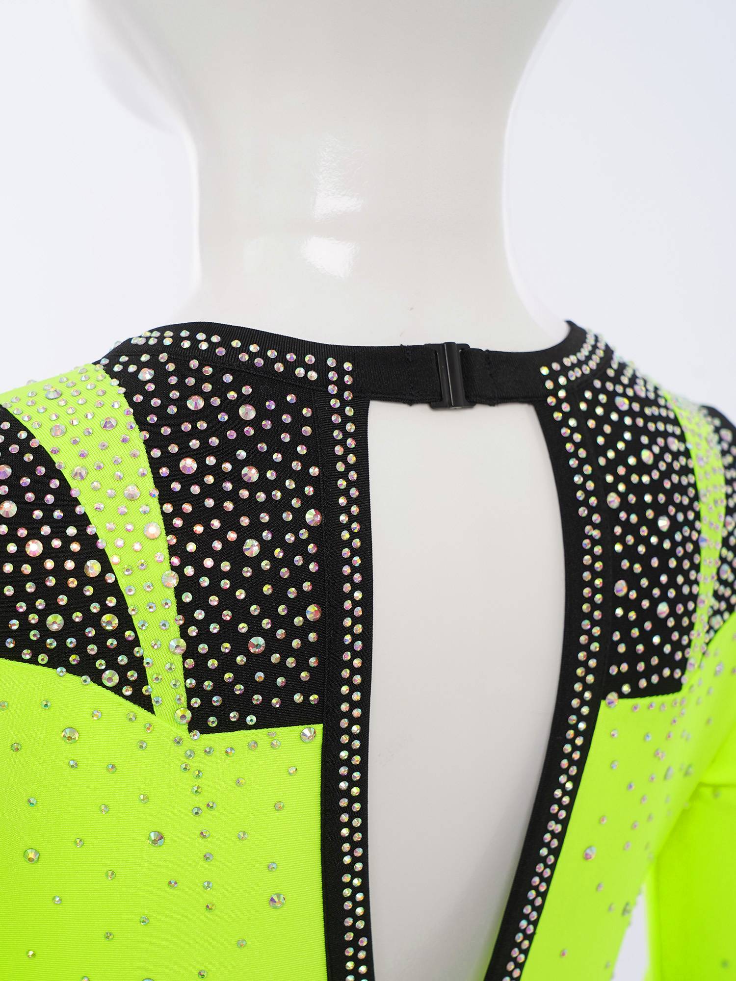 Girls Long Sleeve Gymnastics Leotard Rhinestone Color Block Ice Skating Bodysuit