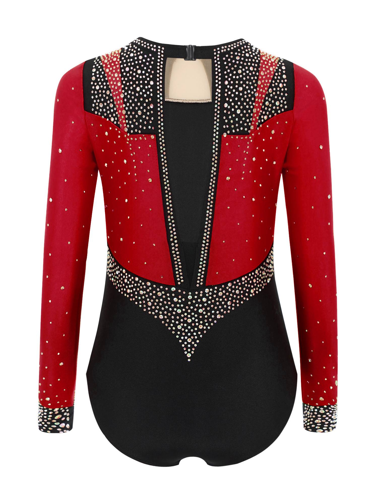 Girls Long Sleeve Gymnastics Leotard Rhinestone Color Block Ice Skating Bodysuit