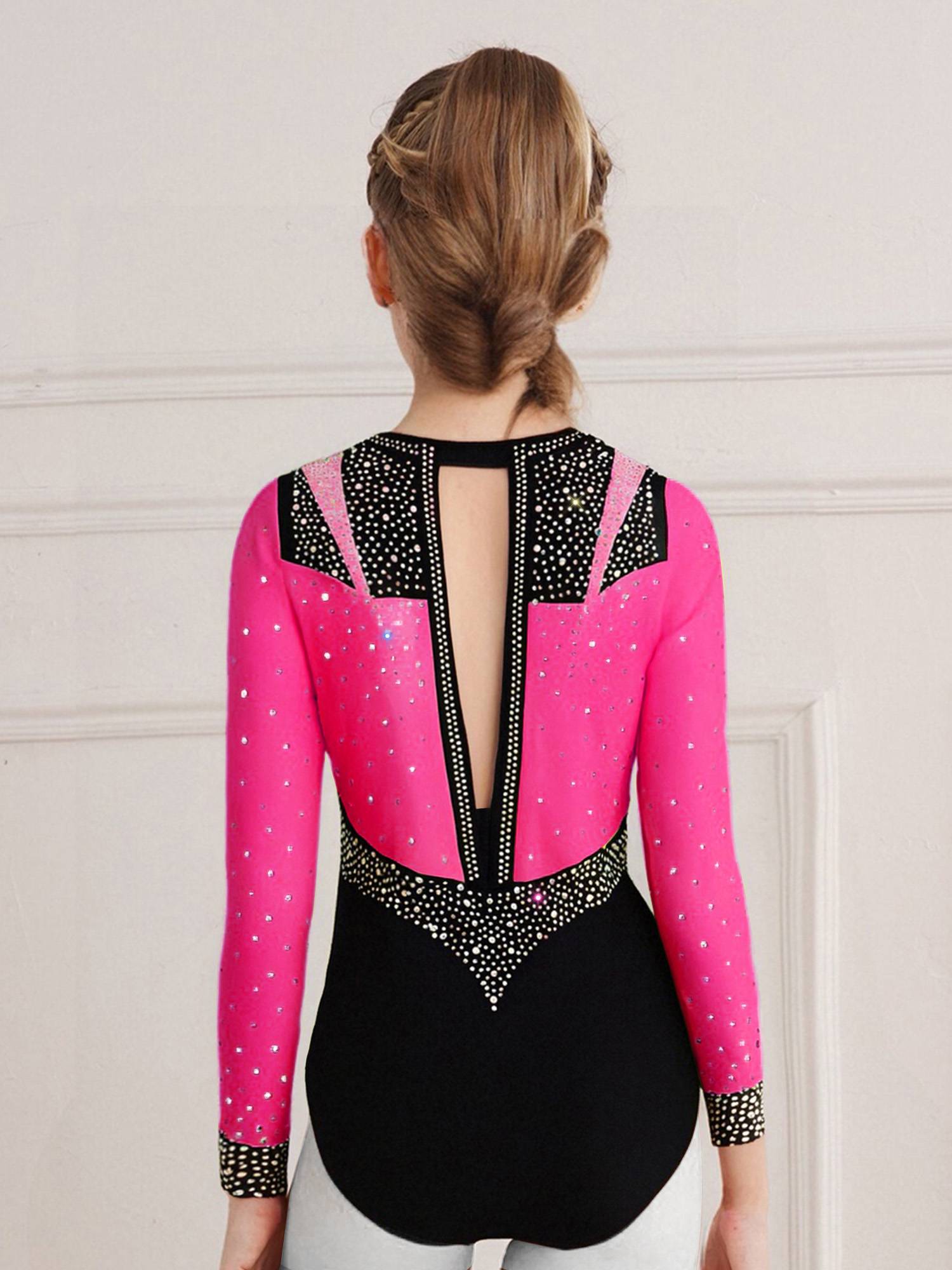 Girls Long Sleeve Gymnastics Leotard Rhinestone Color Block Ice Skating Bodysuit