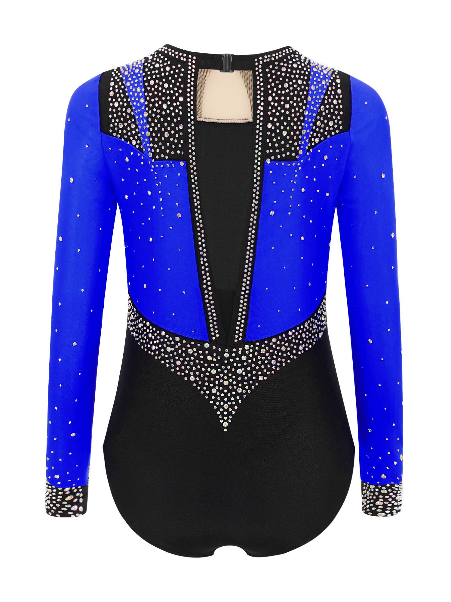 Girls Long Sleeve Gymnastics Leotard Rhinestone Color Block Ice Skating Bodysuit