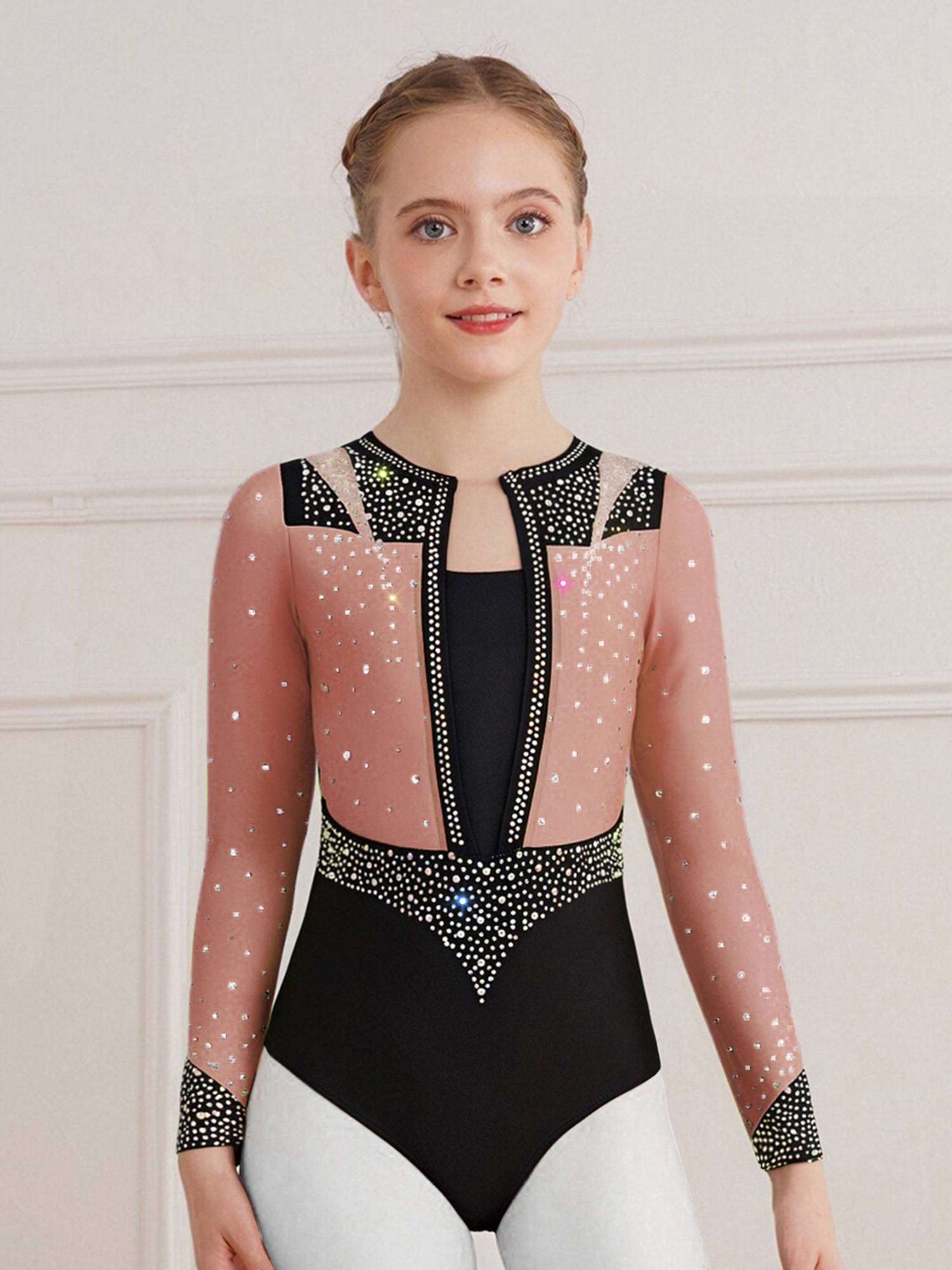 Girls Long Sleeve Gymnastics Leotard Rhinestone Color Block Ice Skating Bodysuit