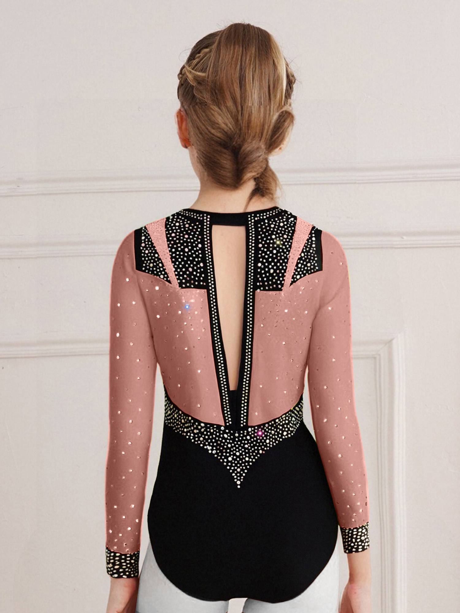 Girls Long Sleeve Gymnastics Leotard Rhinestone Color Block Ice Skating Bodysuit