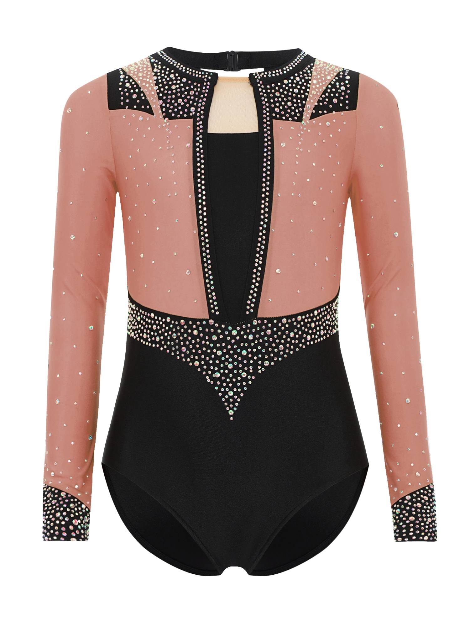Girls Long Sleeve Gymnastics Leotard Rhinestone Color Block Ice Skating Bodysuit