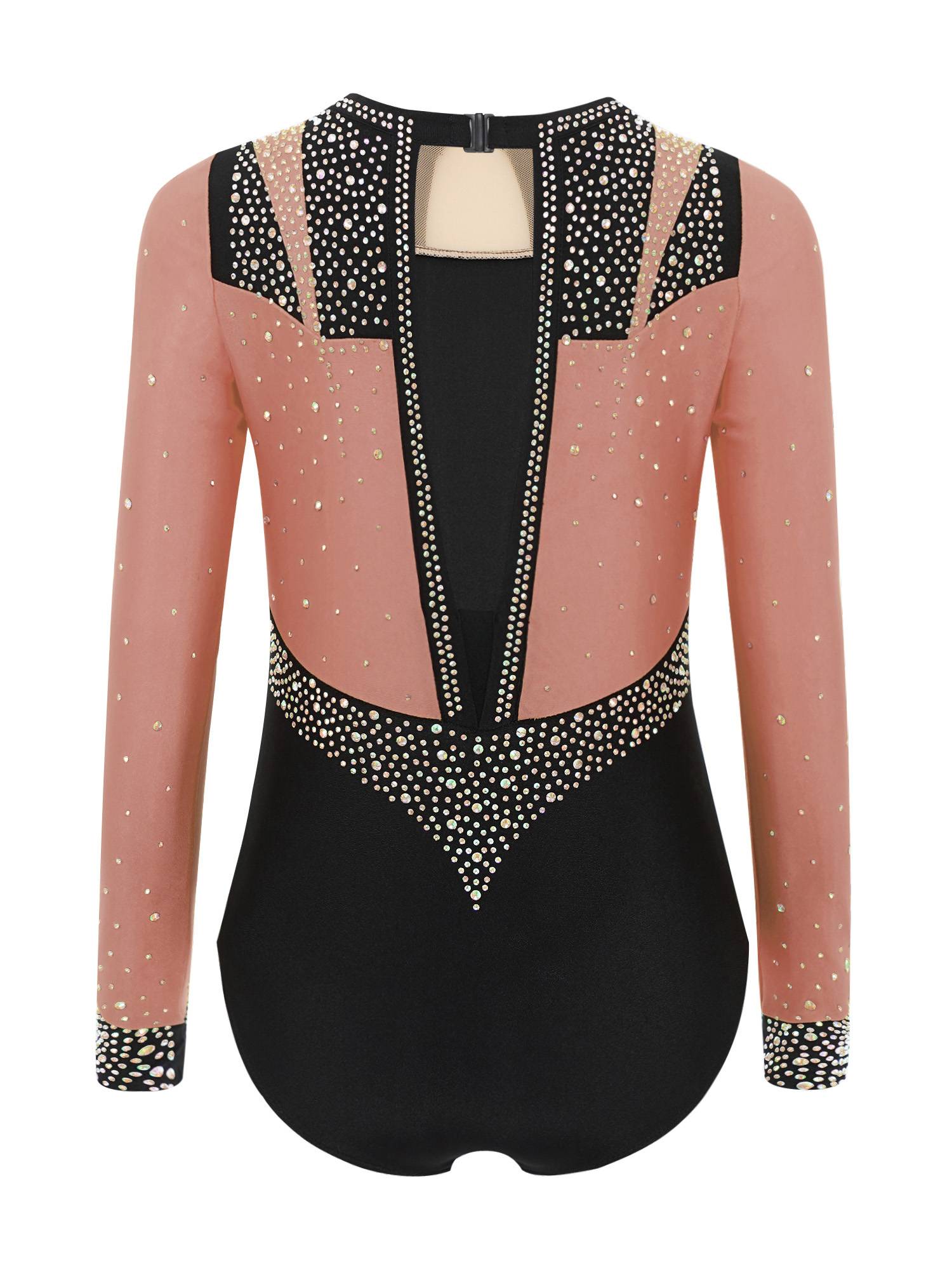 Girls Long Sleeve Gymnastics Leotard Rhinestone Color Block Ice Skating Bodysuit