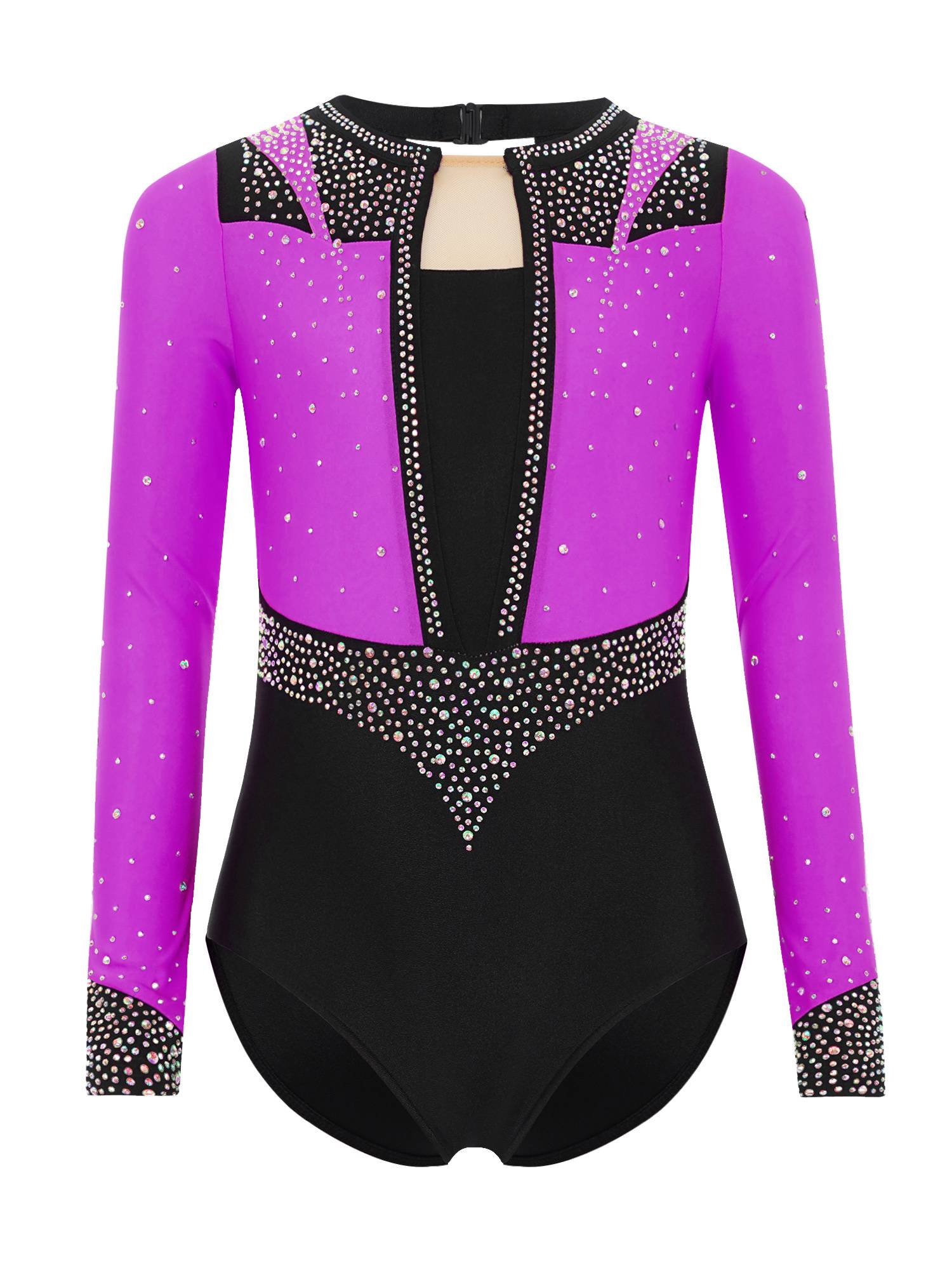 Girls Long Sleeve Gymnastics Leotard Rhinestone Color Block Ice Skating Bodysuit
