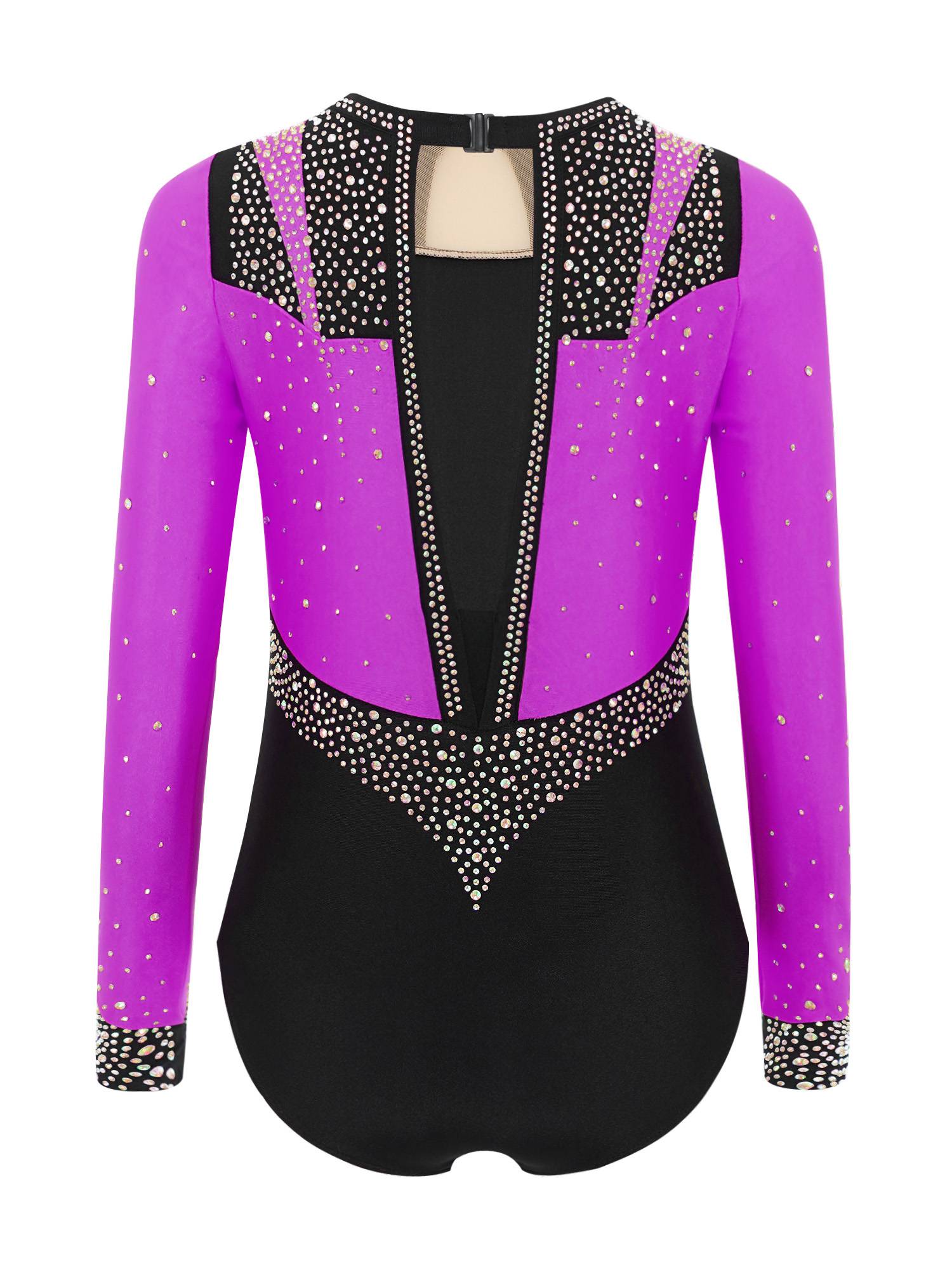 Girls Long Sleeve Gymnastics Leotard Rhinestone Color Block Ice Skating Bodysuit