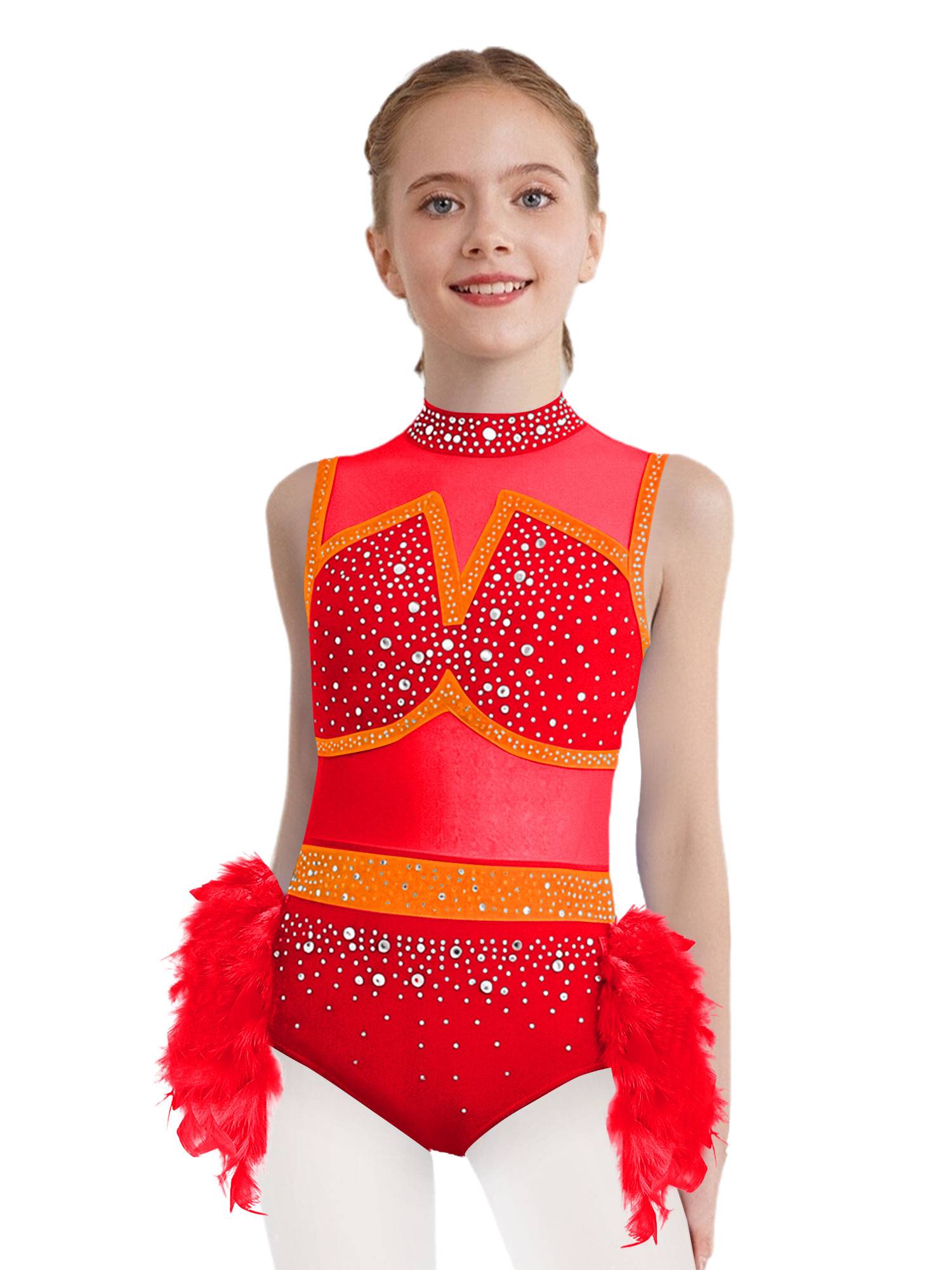 Girls Sleeveless Rhinestone Jazz Dance Leotard Feather Latin Costume Dress