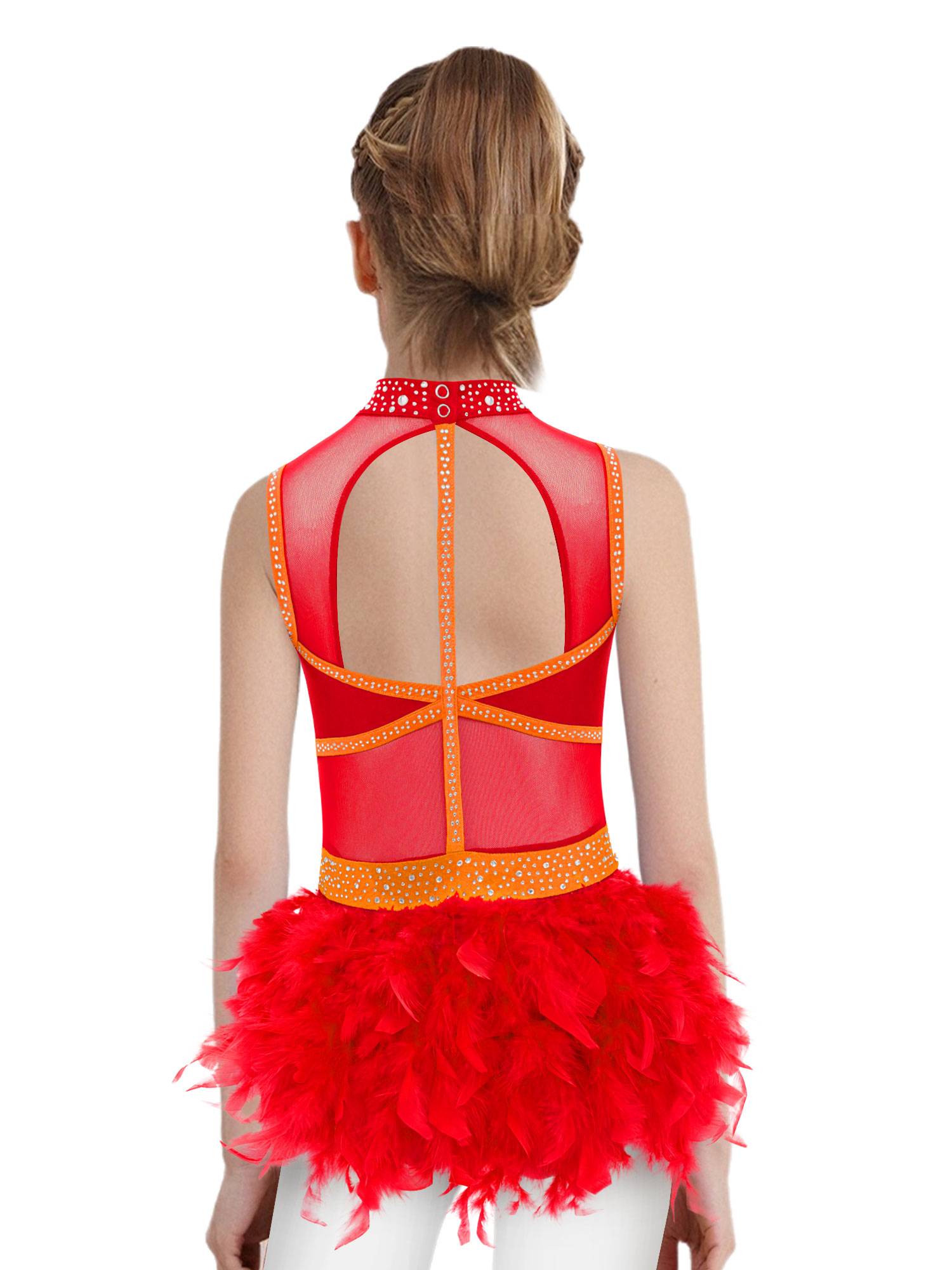 Girls Sleeveless Rhinestone Jazz Dance Leotard Feather Latin Costume Dress