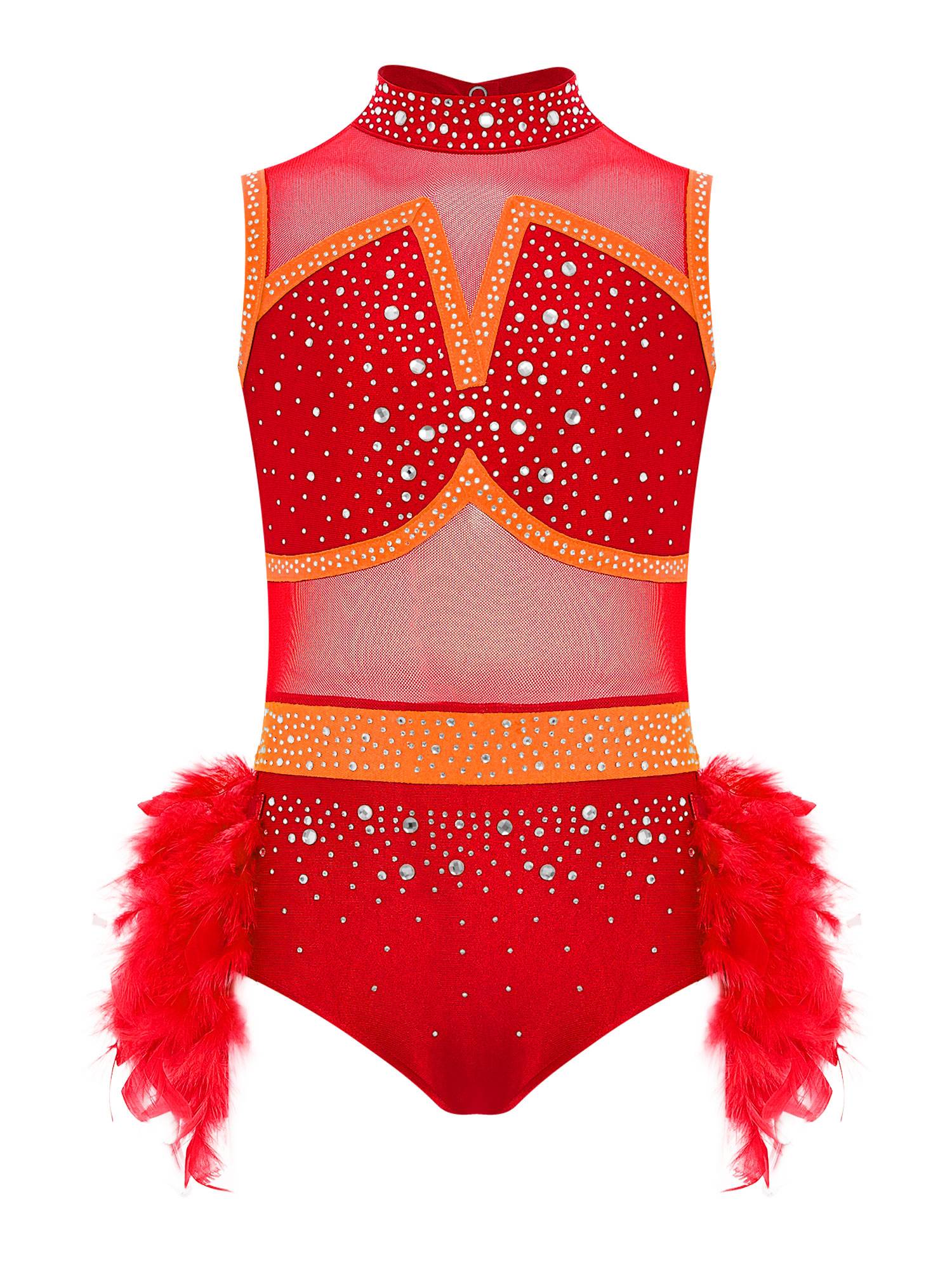 Girls Sleeveless Rhinestone Jazz Dance Leotard Feather Latin Costume Dress