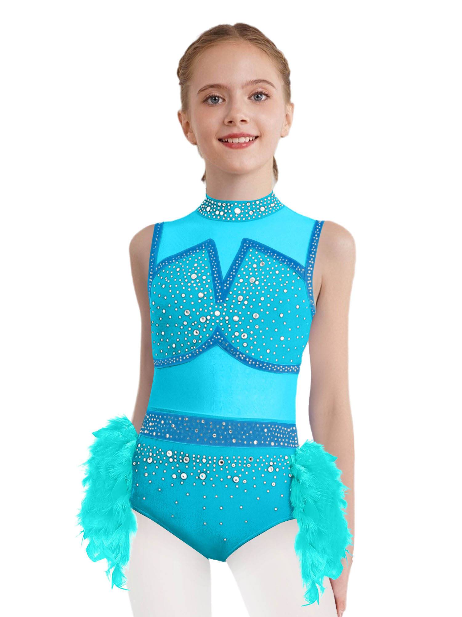 Girls Sleeveless Rhinestone Jazz Dance Leotard Feather Latin Costume Dress