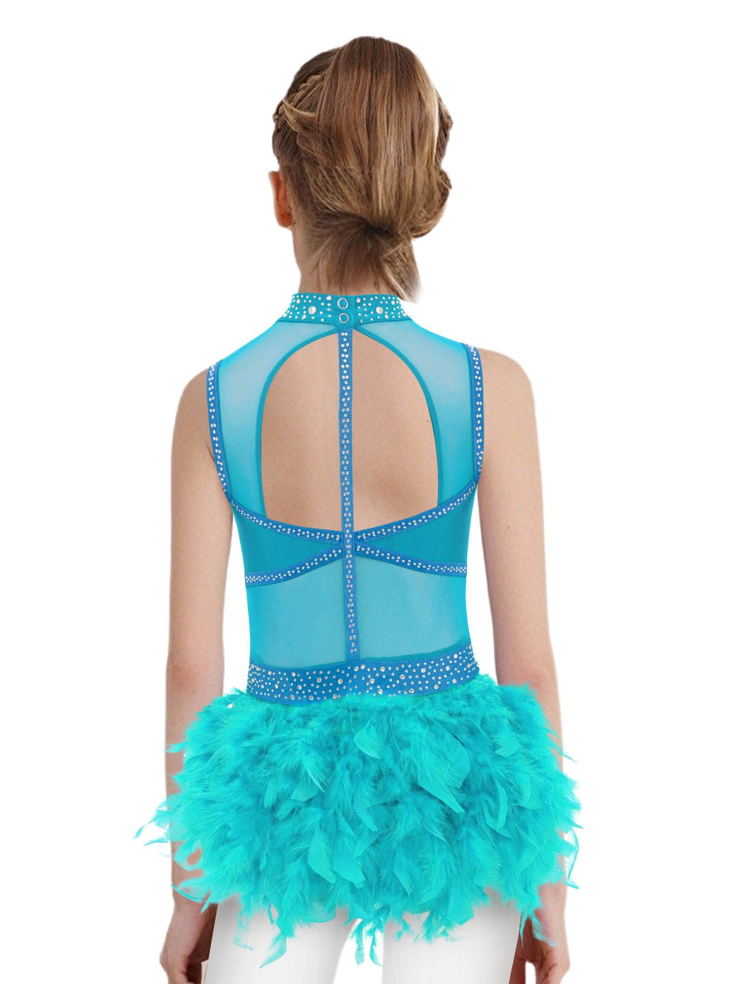 Girls Sleeveless Rhinestone Jazz Dance Leotard Feather Latin Costume Dress