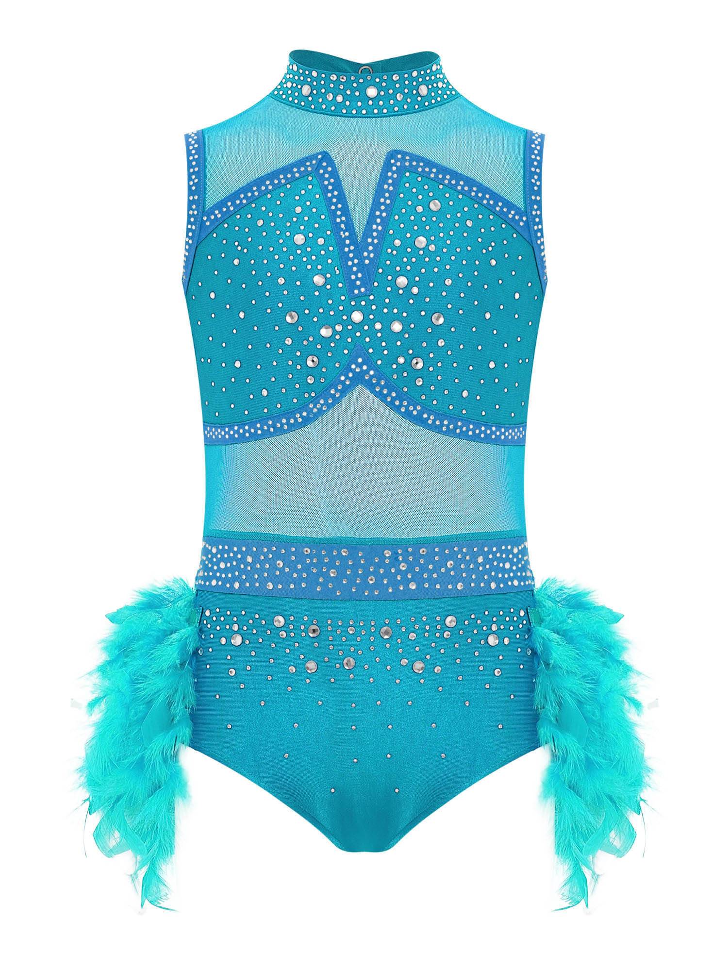 Girls Sleeveless Rhinestone Jazz Dance Leotard Feather Latin Costume Dress