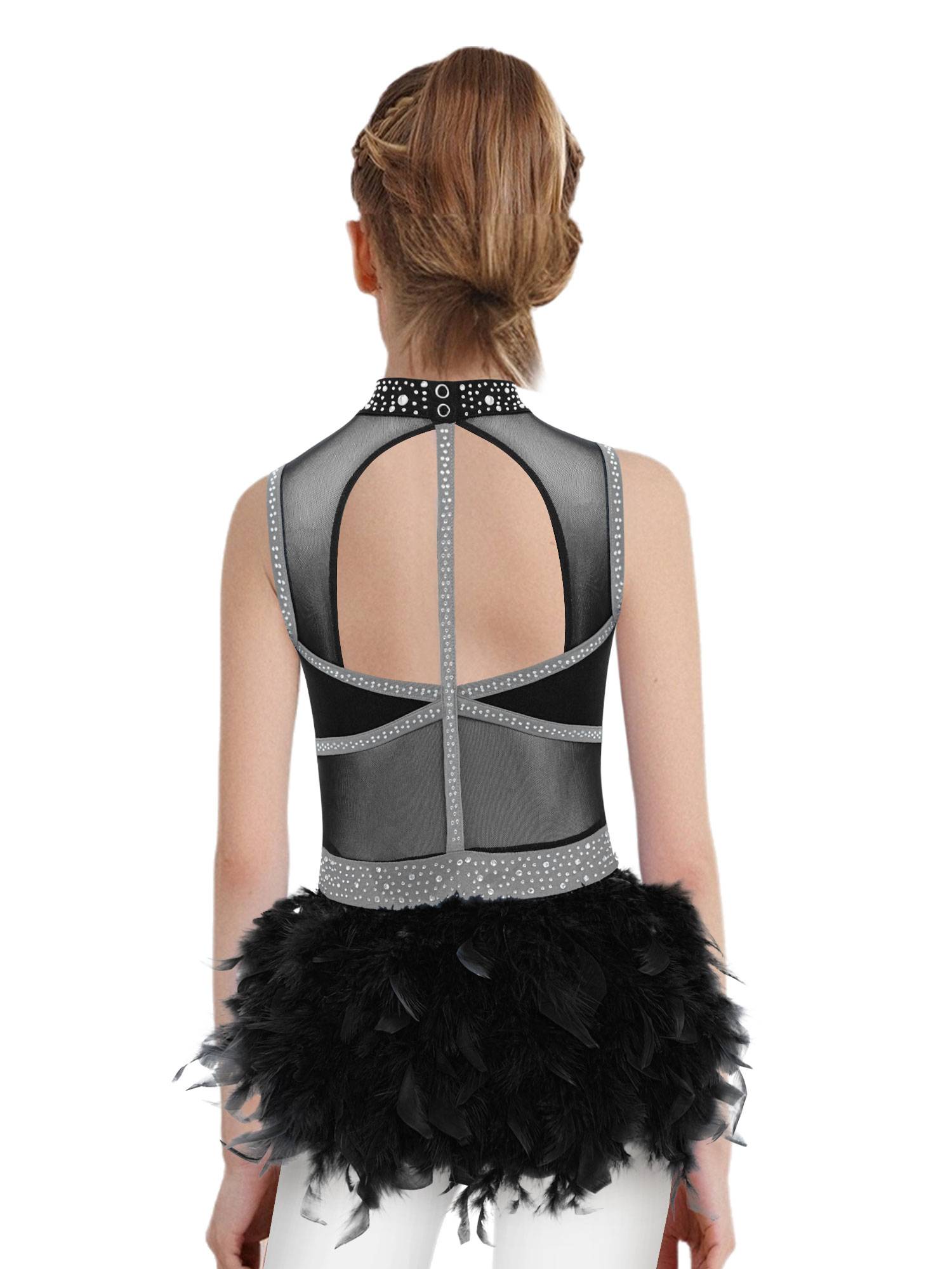 Girls Sleeveless Rhinestone Jazz Dance Leotard Feather Latin Costume Dress