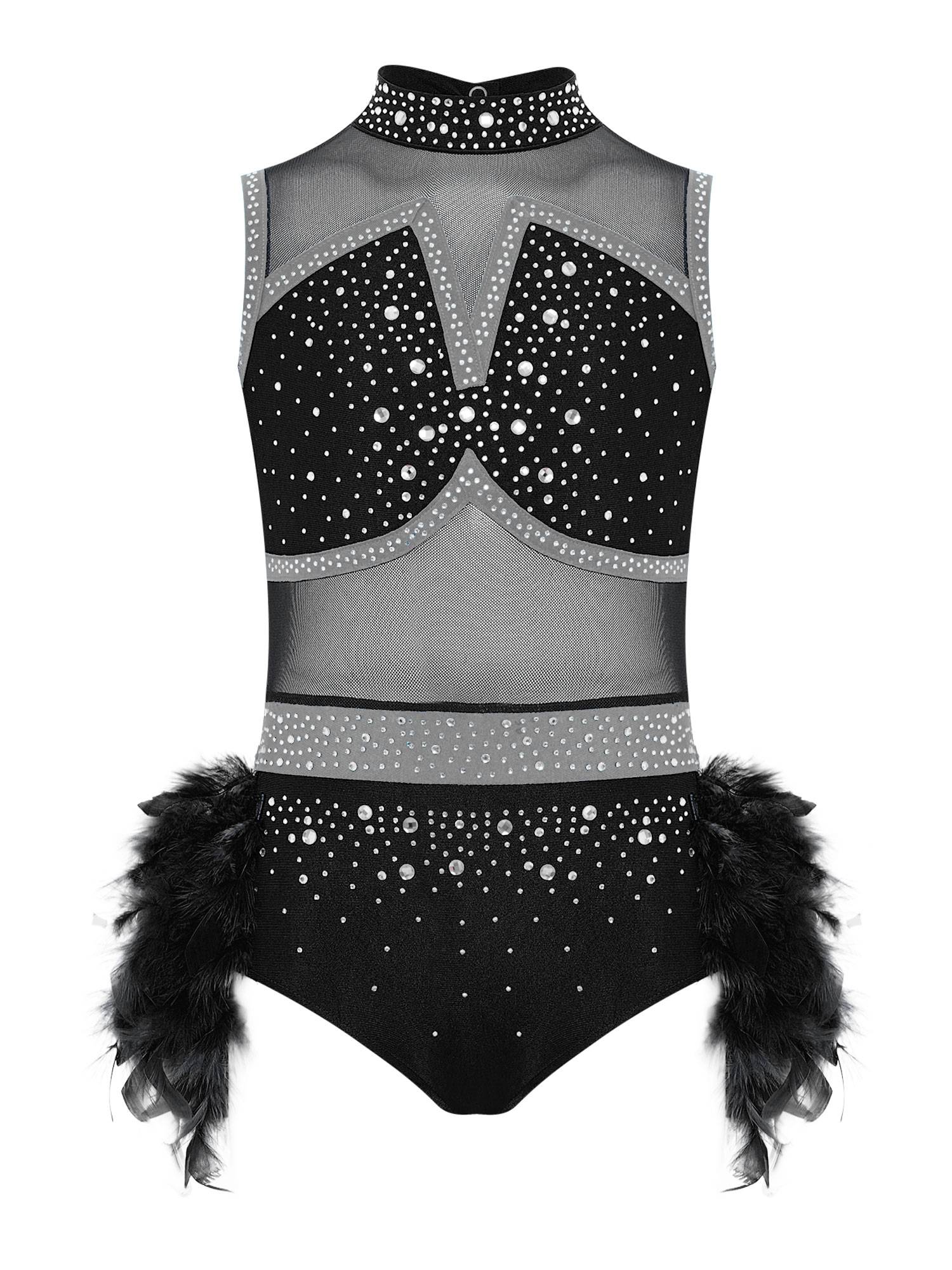 Girls Sleeveless Rhinestone Jazz Dance Leotard Feather Latin Costume Dress