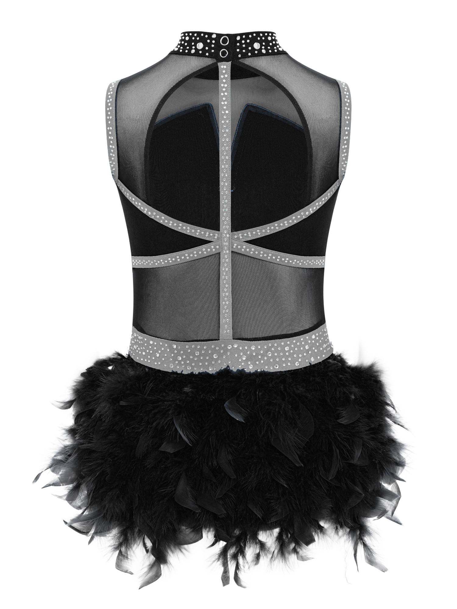 Girls Sleeveless Rhinestone Jazz Dance Leotard Feather Latin Costume Dress
