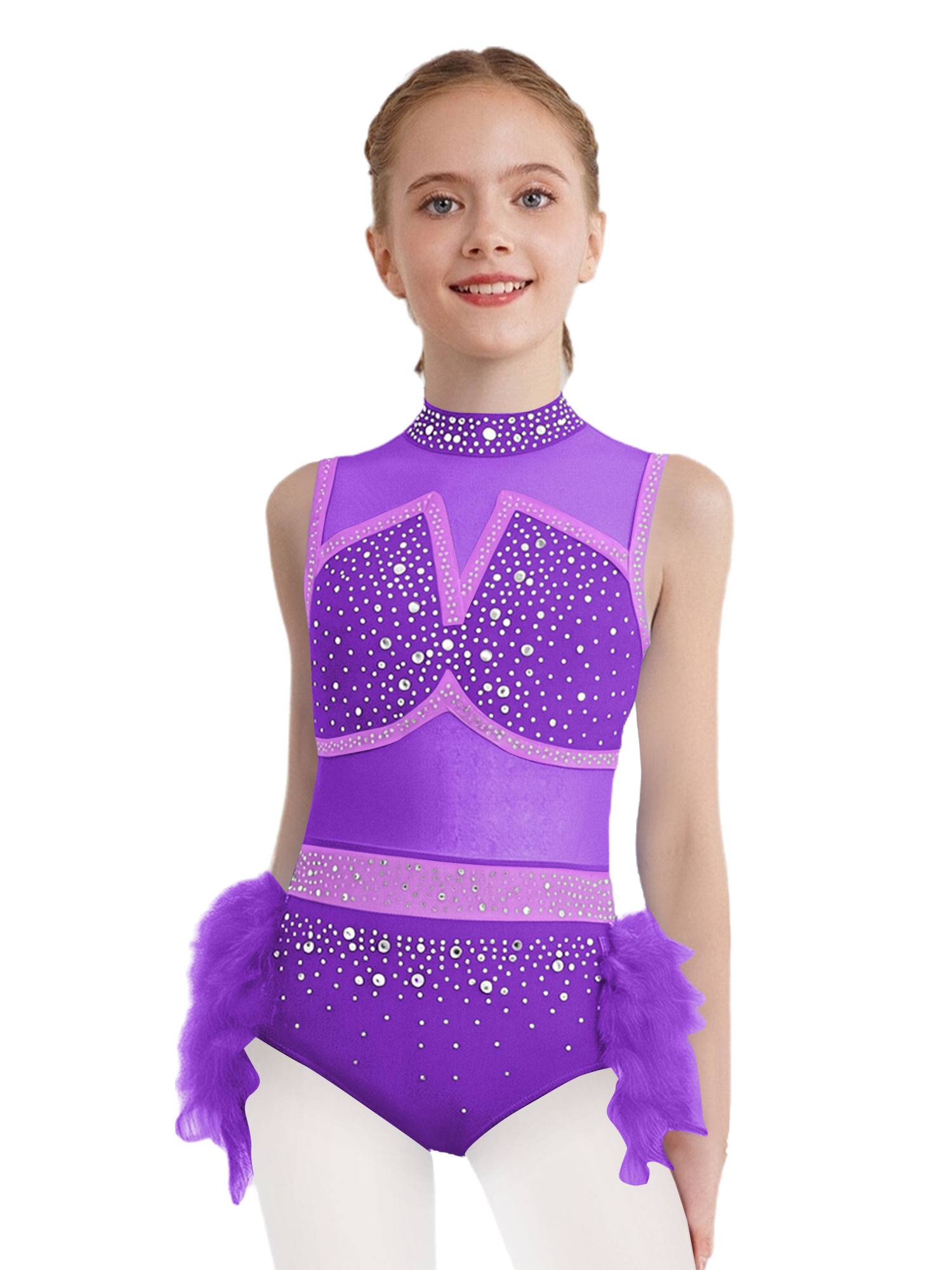 Girls Sleeveless Rhinestone Jazz Dance Leotard Feather Latin Costume Dress