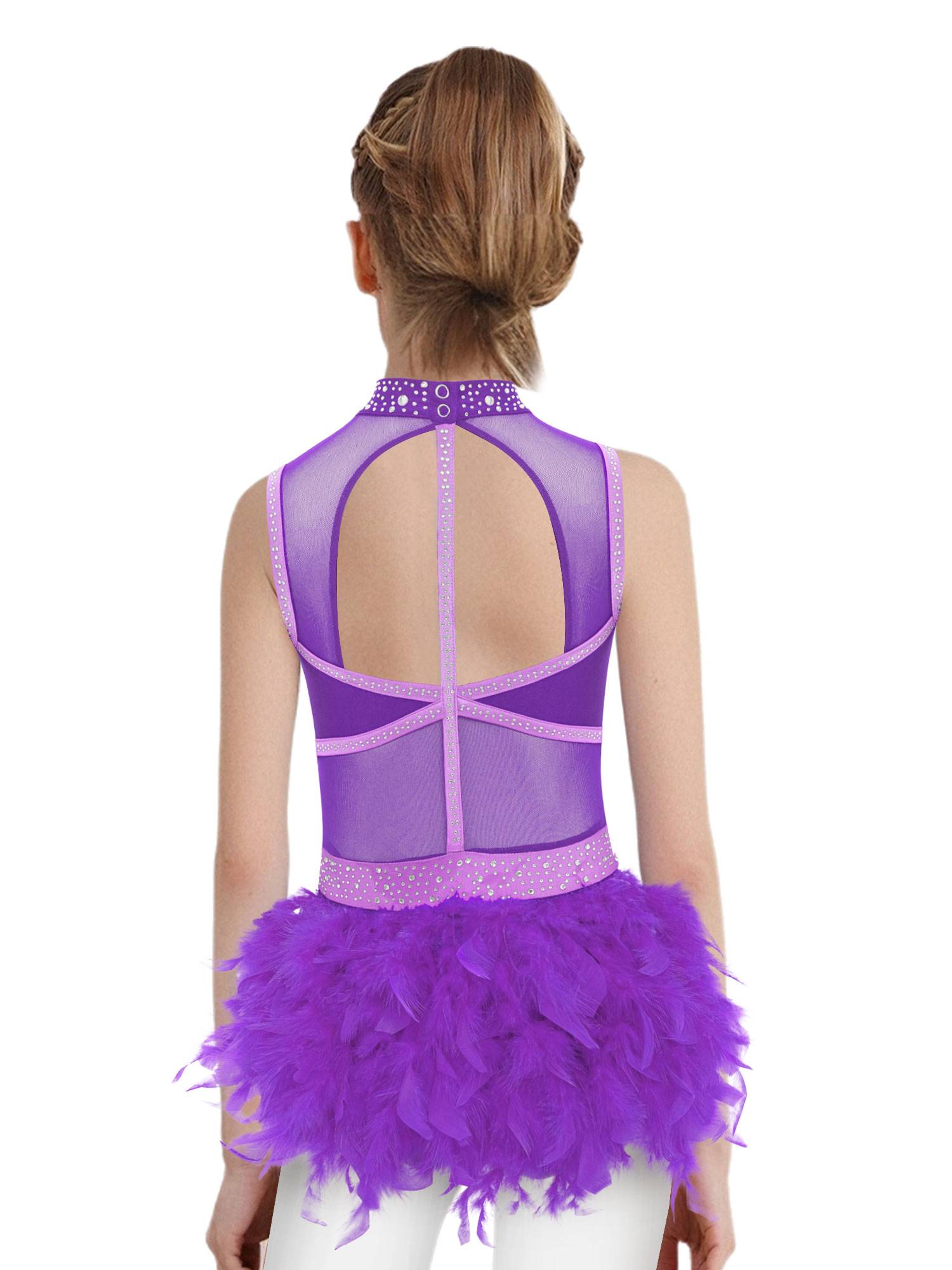 Girls Sleeveless Rhinestone Jazz Dance Leotard Feather Latin Costume Dress