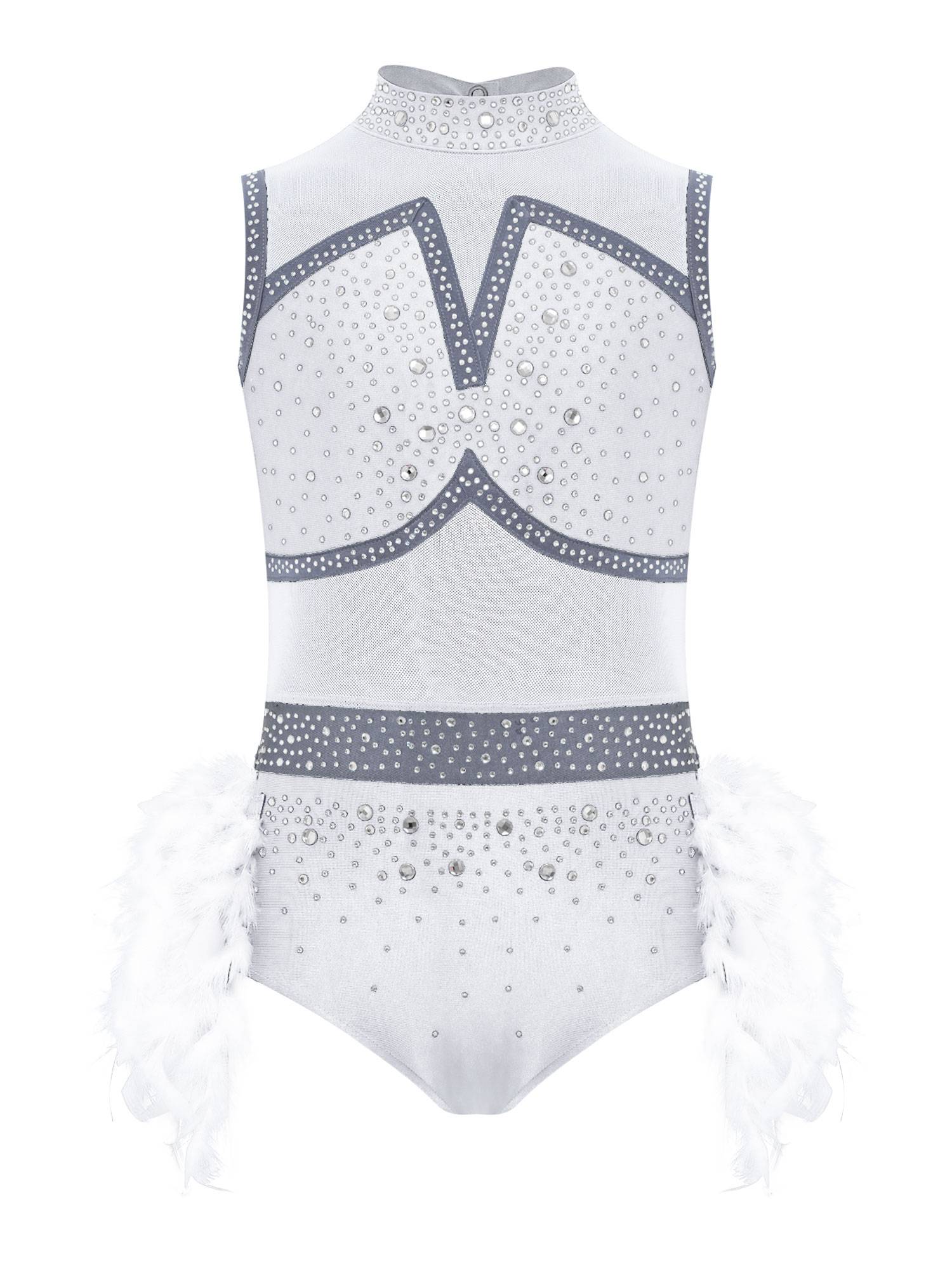 Girls Sleeveless Rhinestone Jazz Dance Leotard Feather Latin Costume Dress