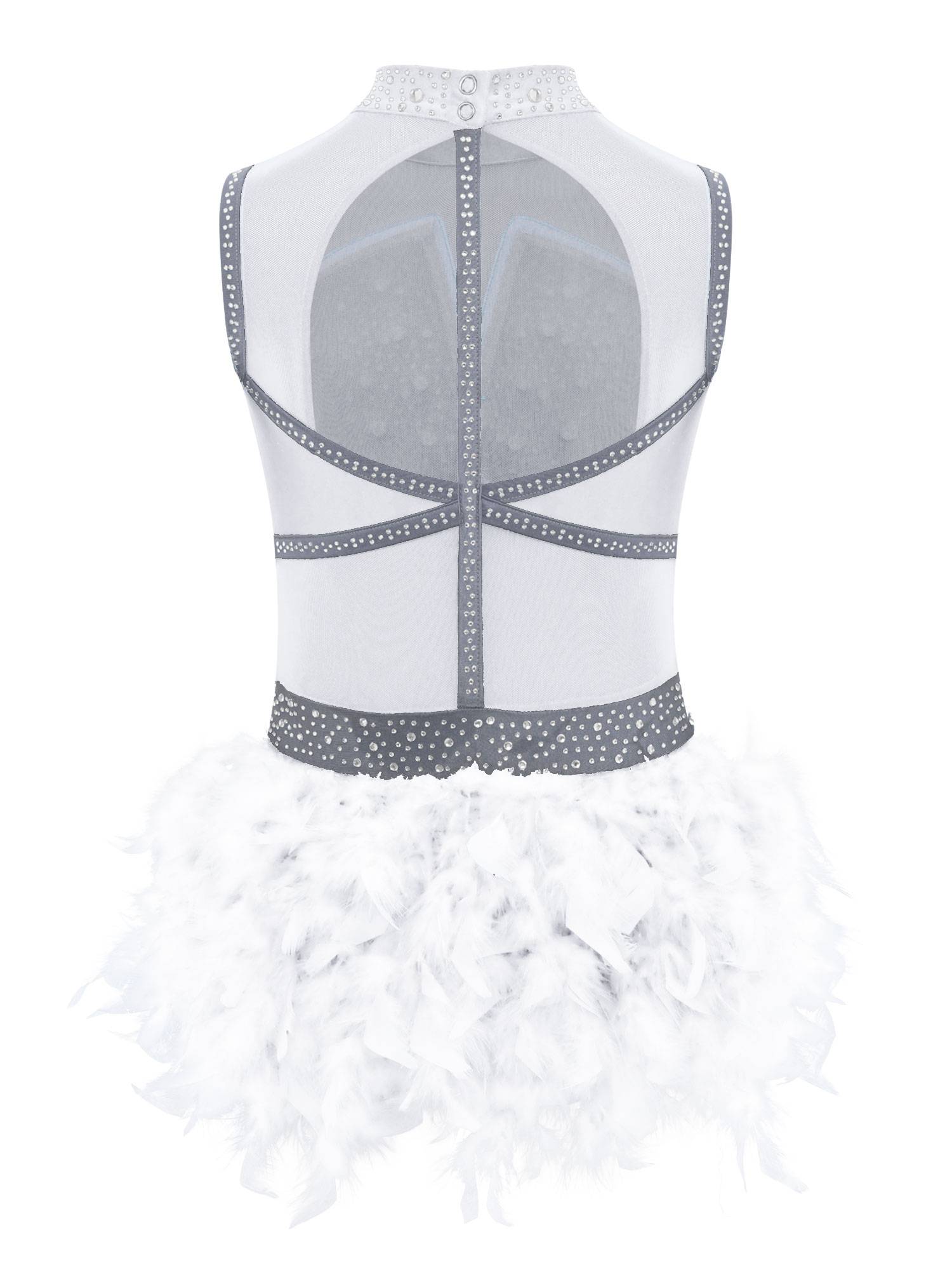 Girls Sleeveless Rhinestone Jazz Dance Leotard Feather Latin Costume Dress