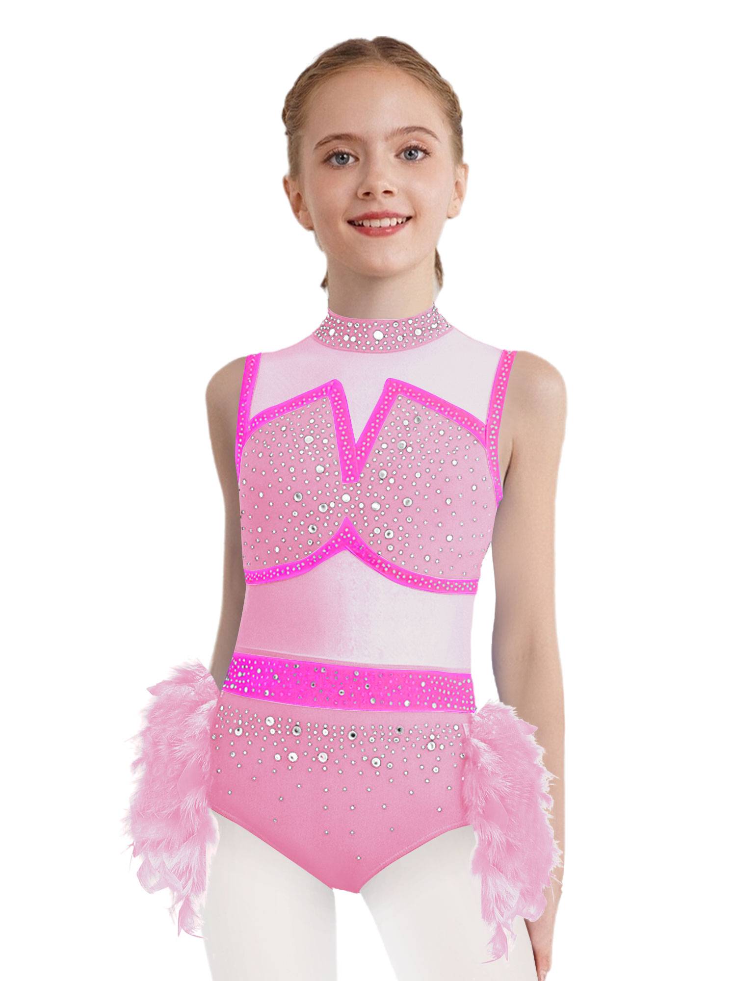 Girls Sleeveless Rhinestone Jazz Dance Leotard Feather Latin Costume Dress