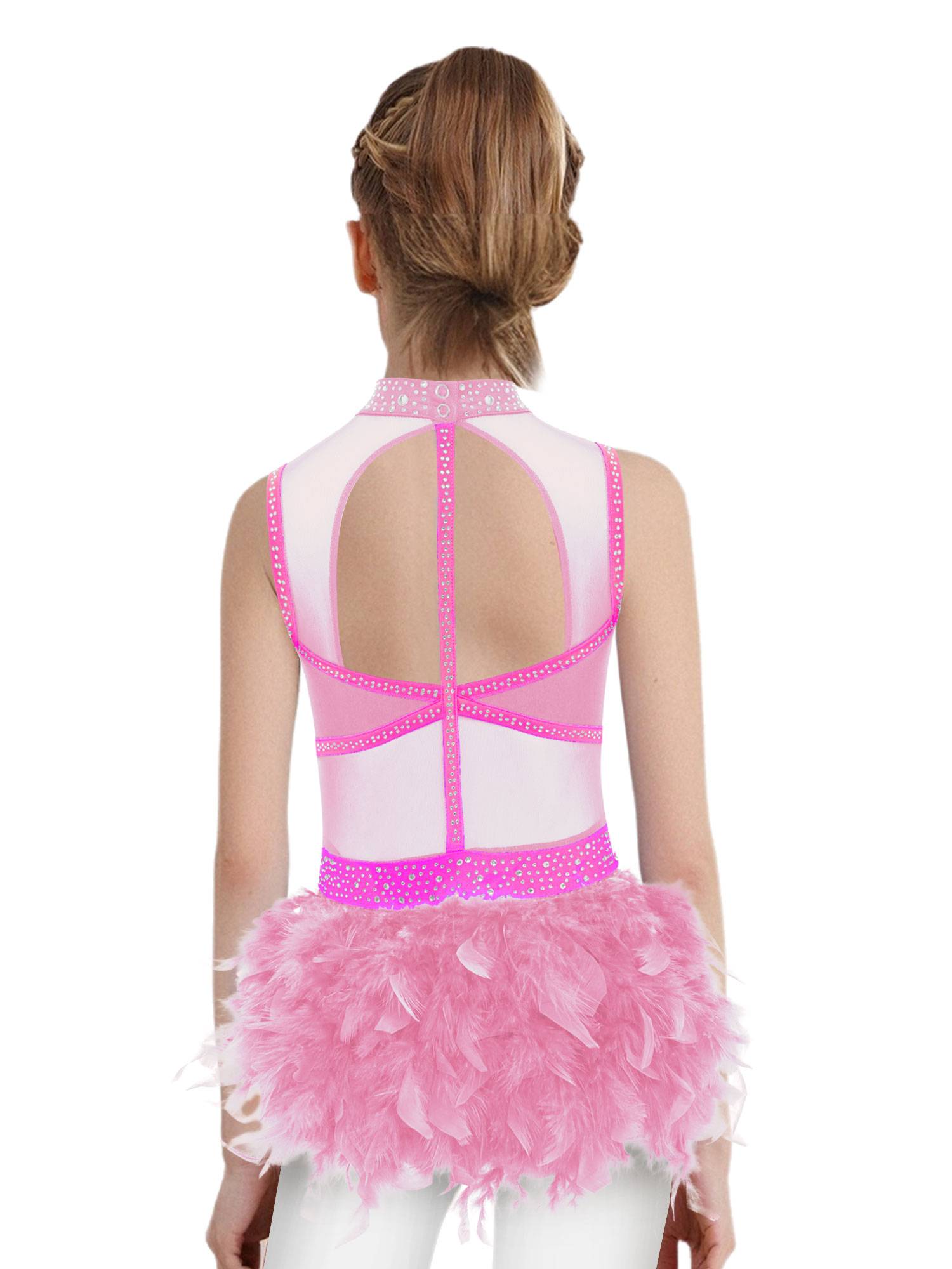Girls Sleeveless Rhinestone Jazz Dance Leotard Feather Latin Costume Dress