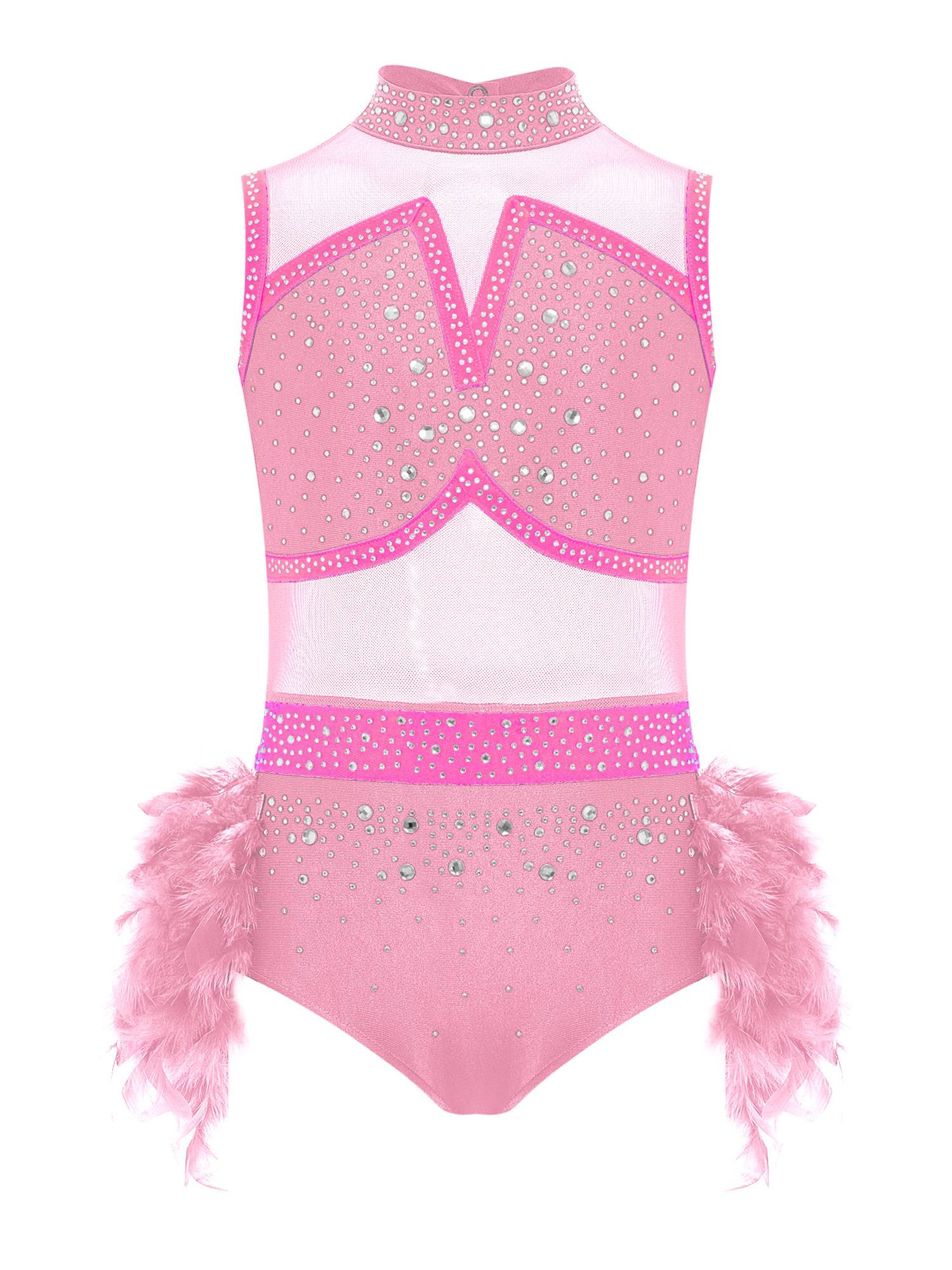 Girls Sleeveless Rhinestone Jazz Dance Leotard Feather Latin Costume Dress