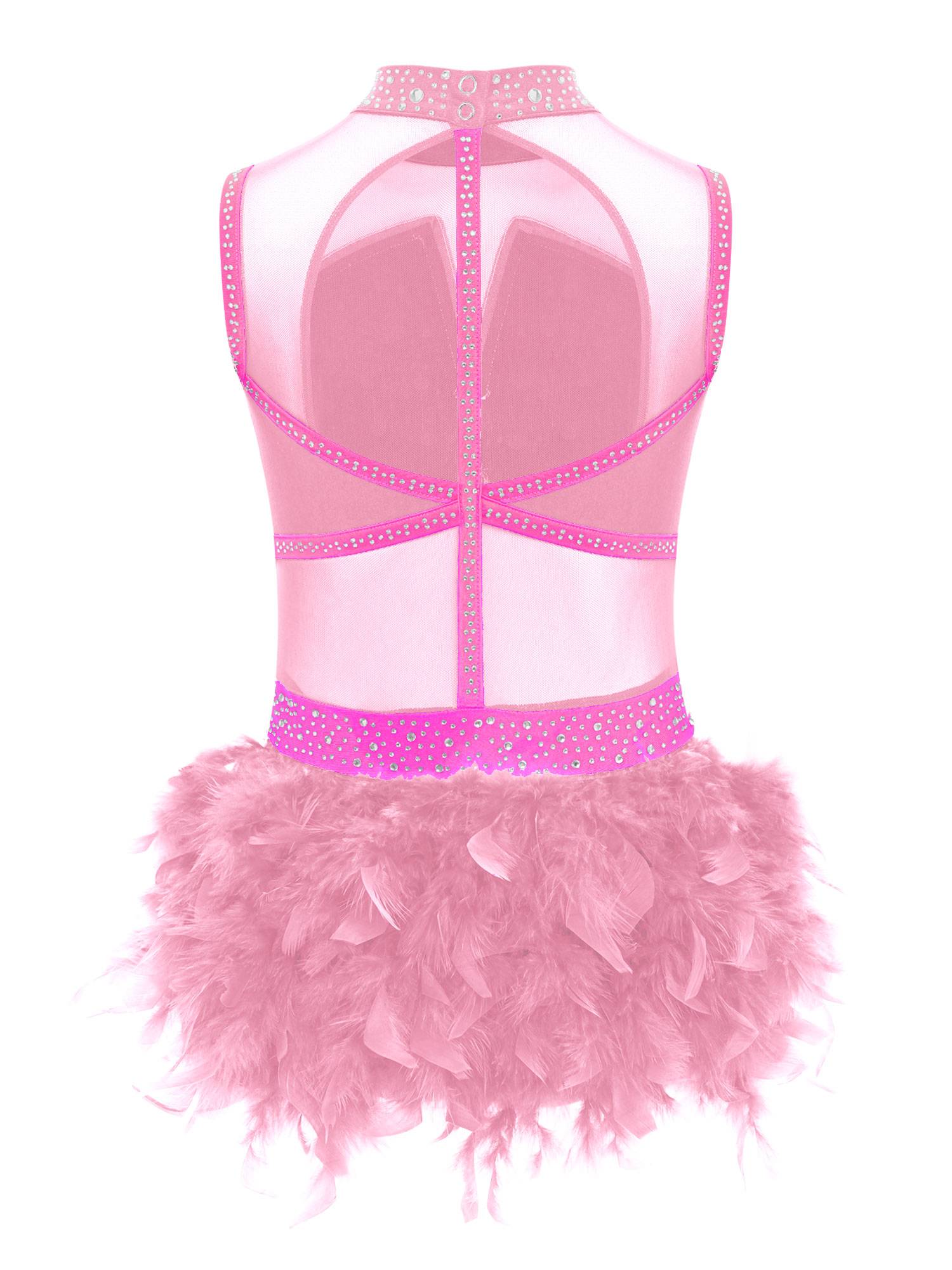 Girls Sleeveless Rhinestone Jazz Dance Leotard Feather Latin Costume Dress