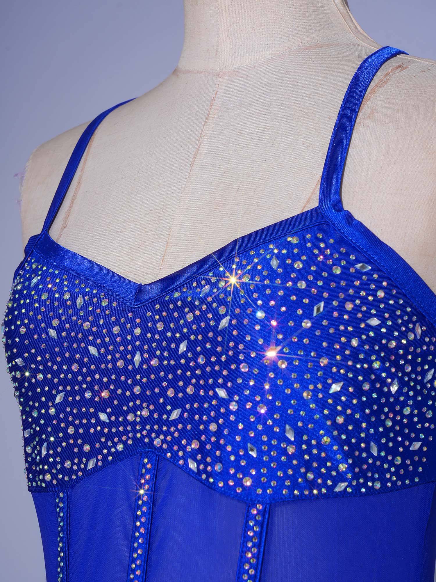 Womens Rhinestone Sleeveless Tassel Latin Tango Dance Leotard Dress
