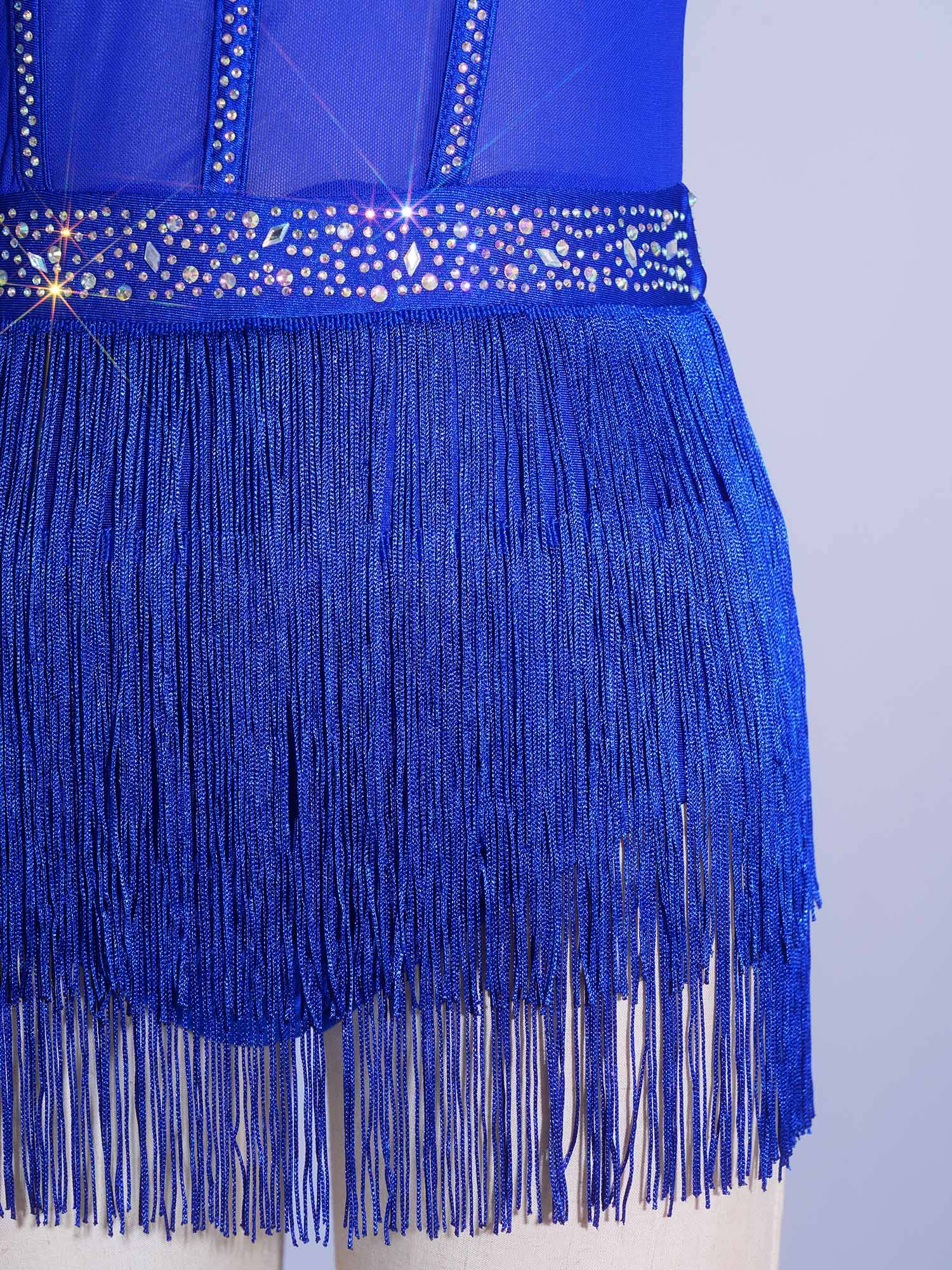 Womens Rhinestone Sleeveless Tassel Latin Tango Dance Leotard Dress