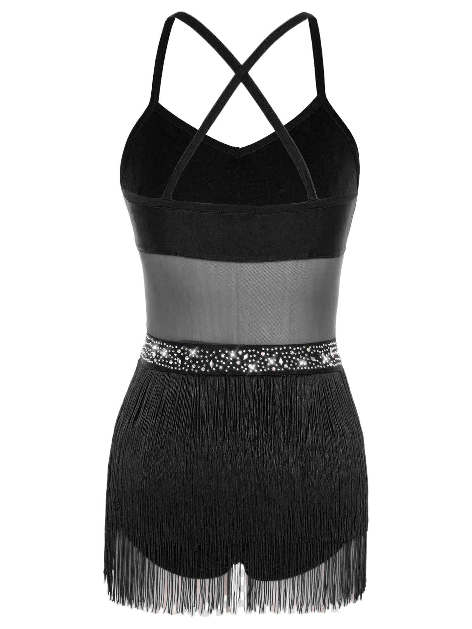 Womens Rhinestone Sleeveless Tassel Latin Tango Dance Leotard Dress