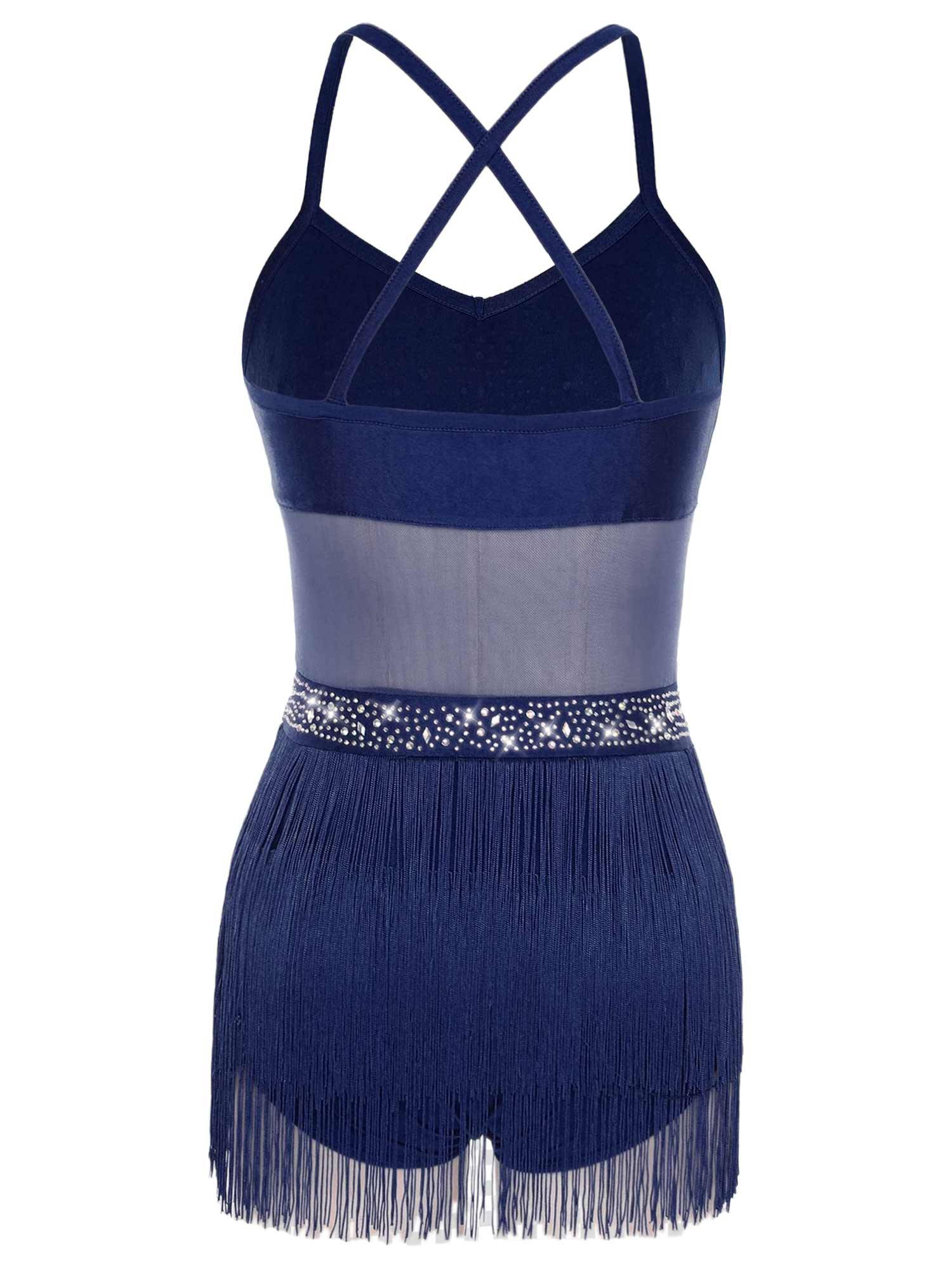 Womens Rhinestone Sleeveless Tassel Latin Tango Dance Leotard Dress