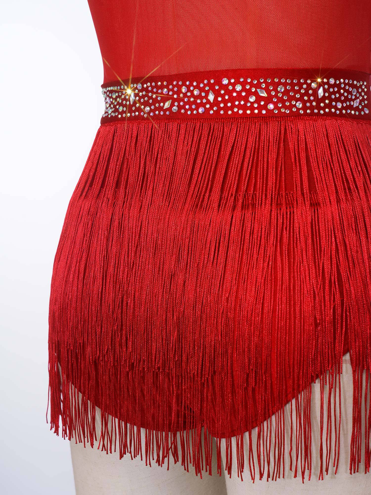 Womens Rhinestone Sleeveless Tassel Latin Tango Dance Leotard Dress