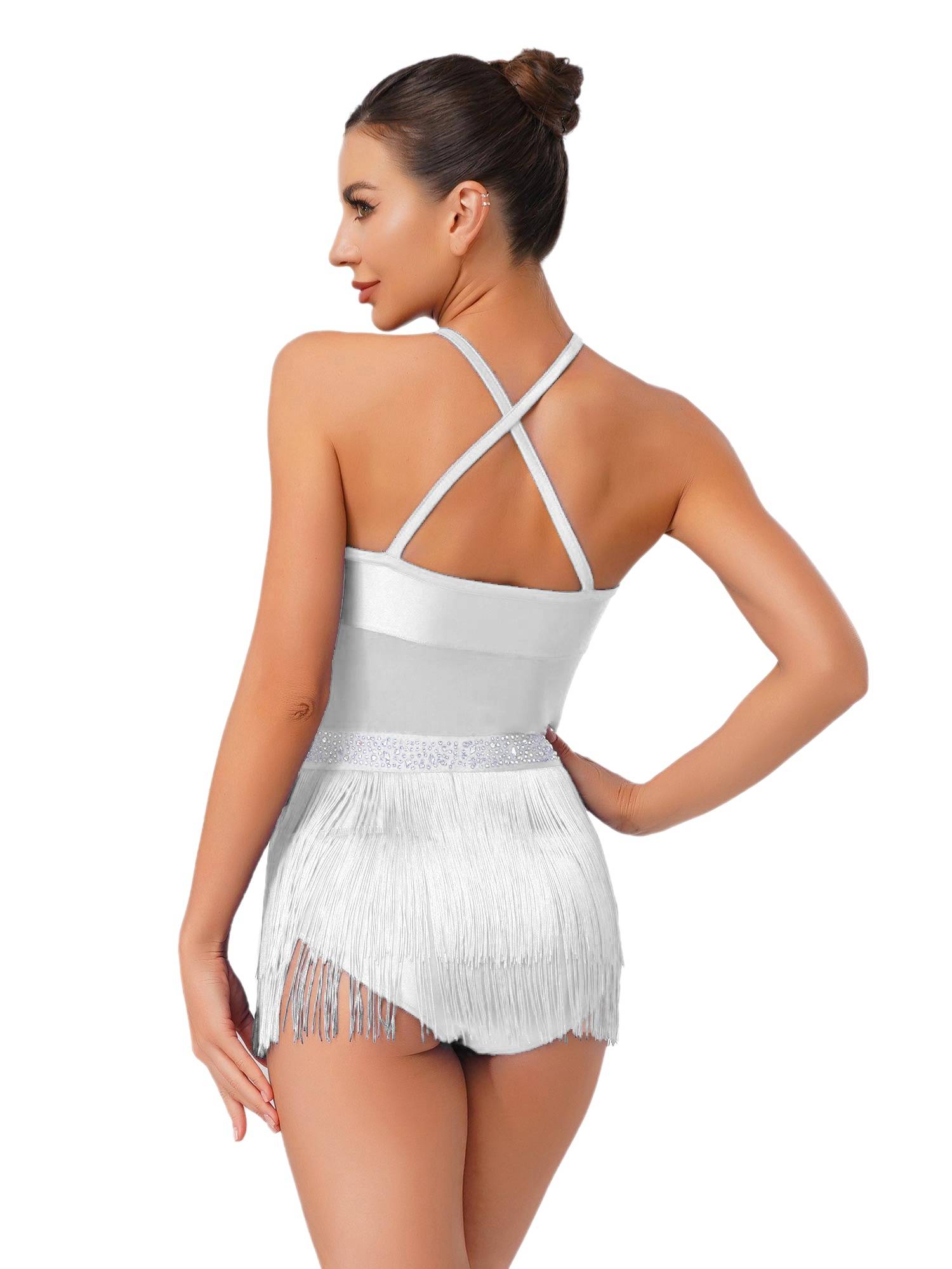 Womens Rhinestone Sleeveless Tassel Latin Tango Dance Leotard Dress
