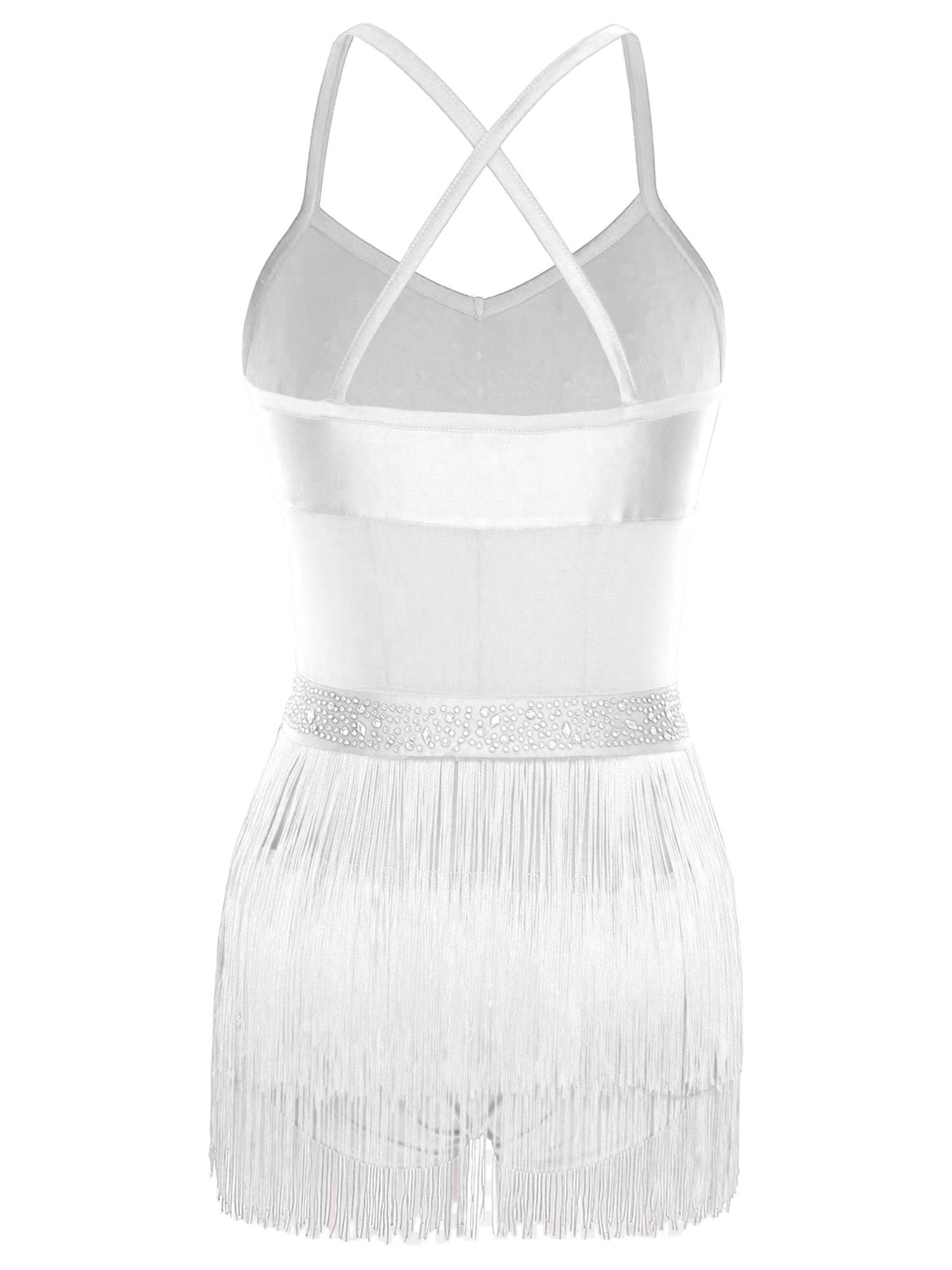 Womens Rhinestone Sleeveless Tassel Latin Tango Dance Leotard Dress