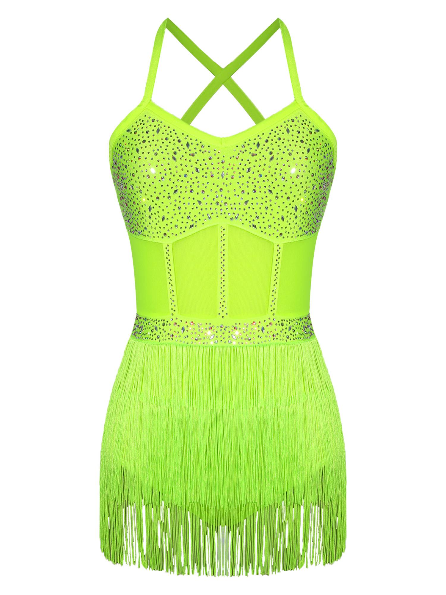 Womens Rhinestone Sleeveless Tassel Latin Tango Dance Leotard Dress