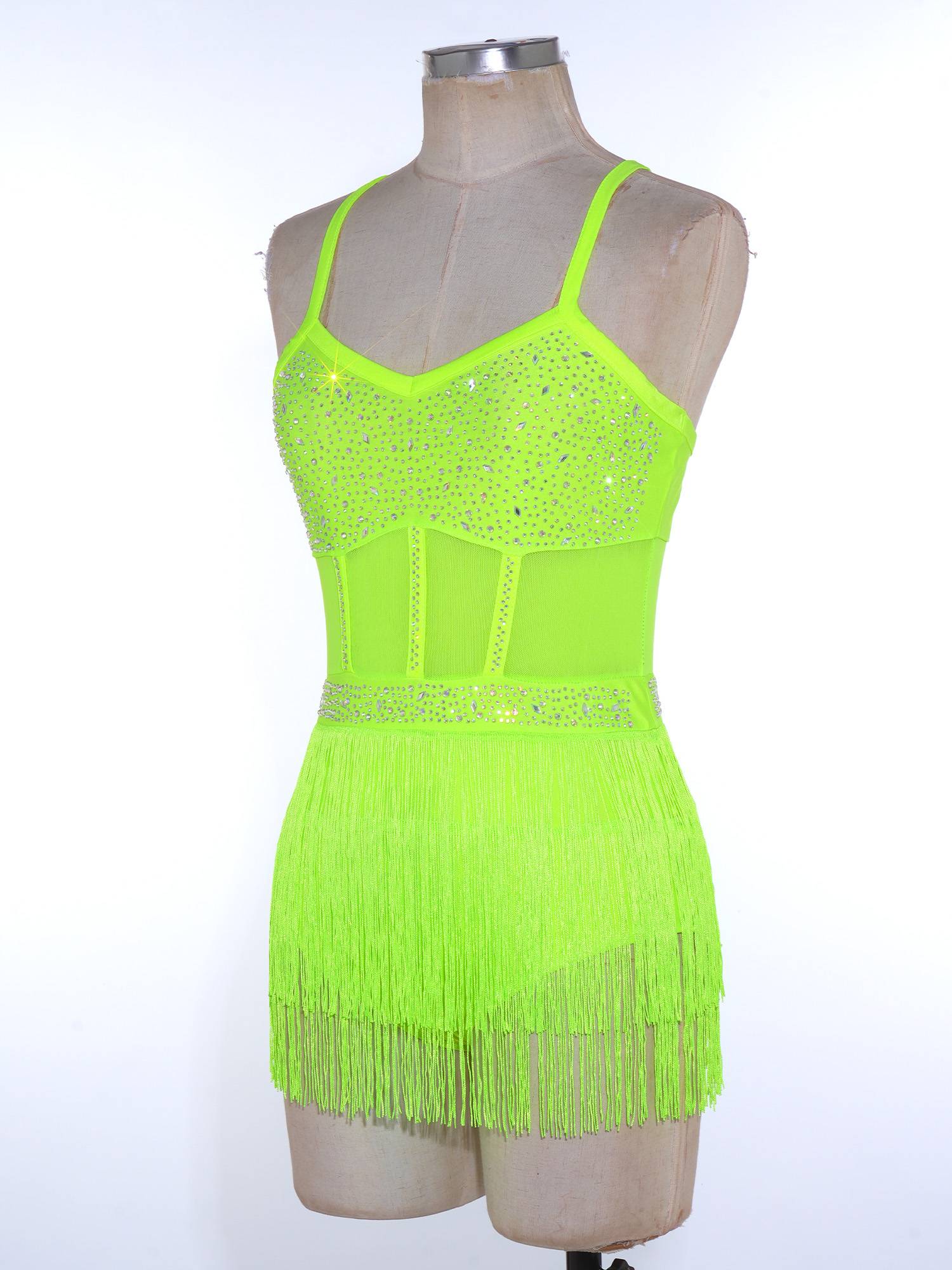 Womens Rhinestone Sleeveless Tassel Latin Tango Dance Leotard Dress