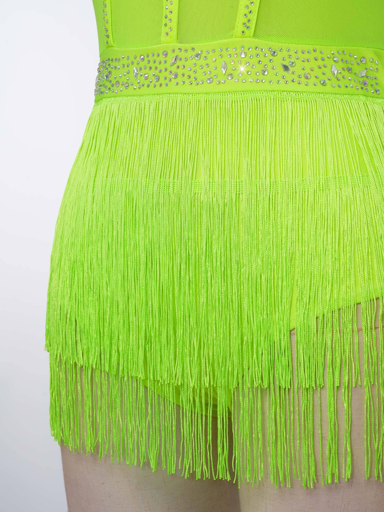 Womens Rhinestone Sleeveless Tassel Latin Tango Dance Leotard Dress