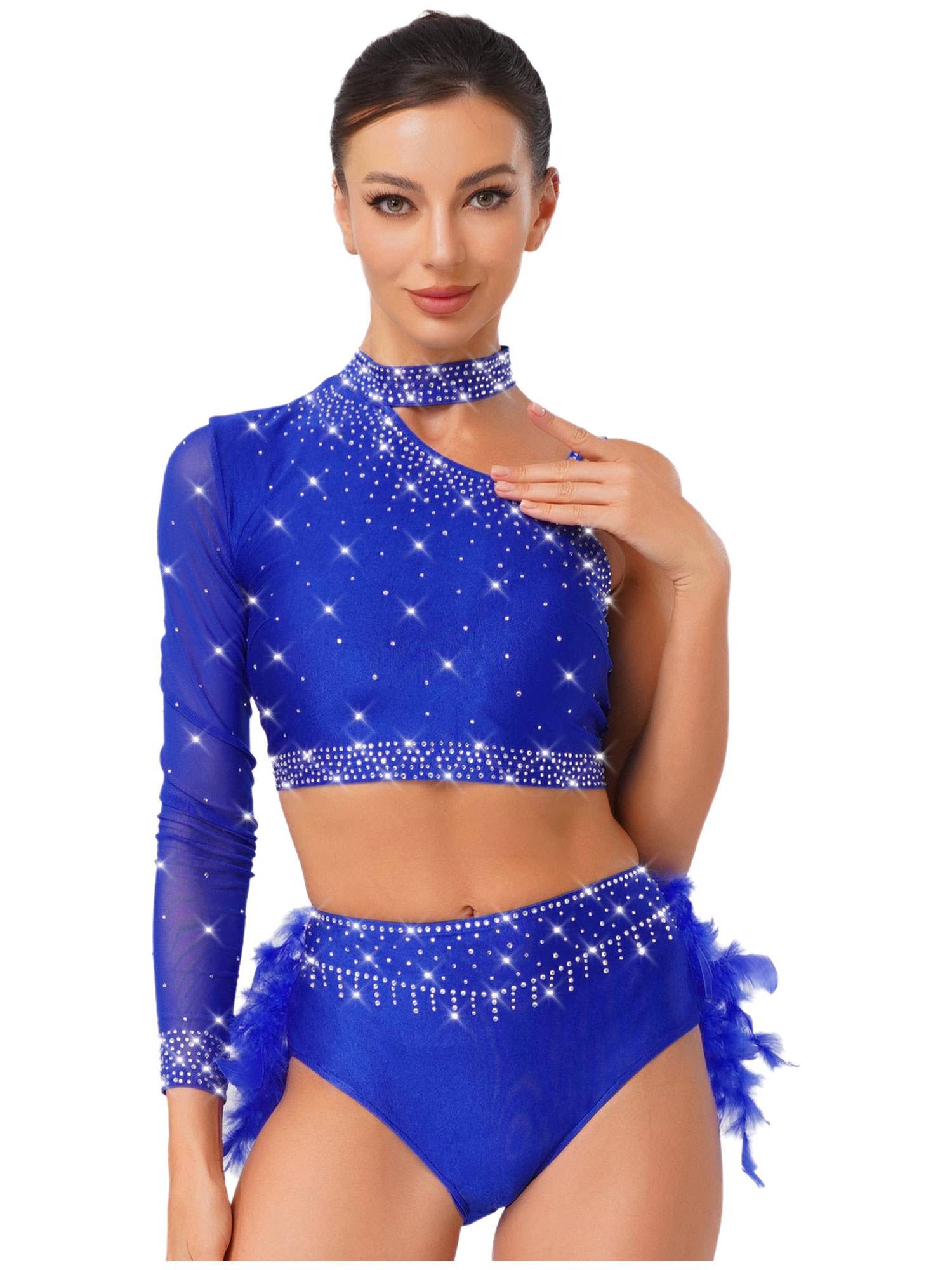 Womens Sparkle Feather Latin Dance OUtfit for Belly Dance, Cha-Cha & Tango