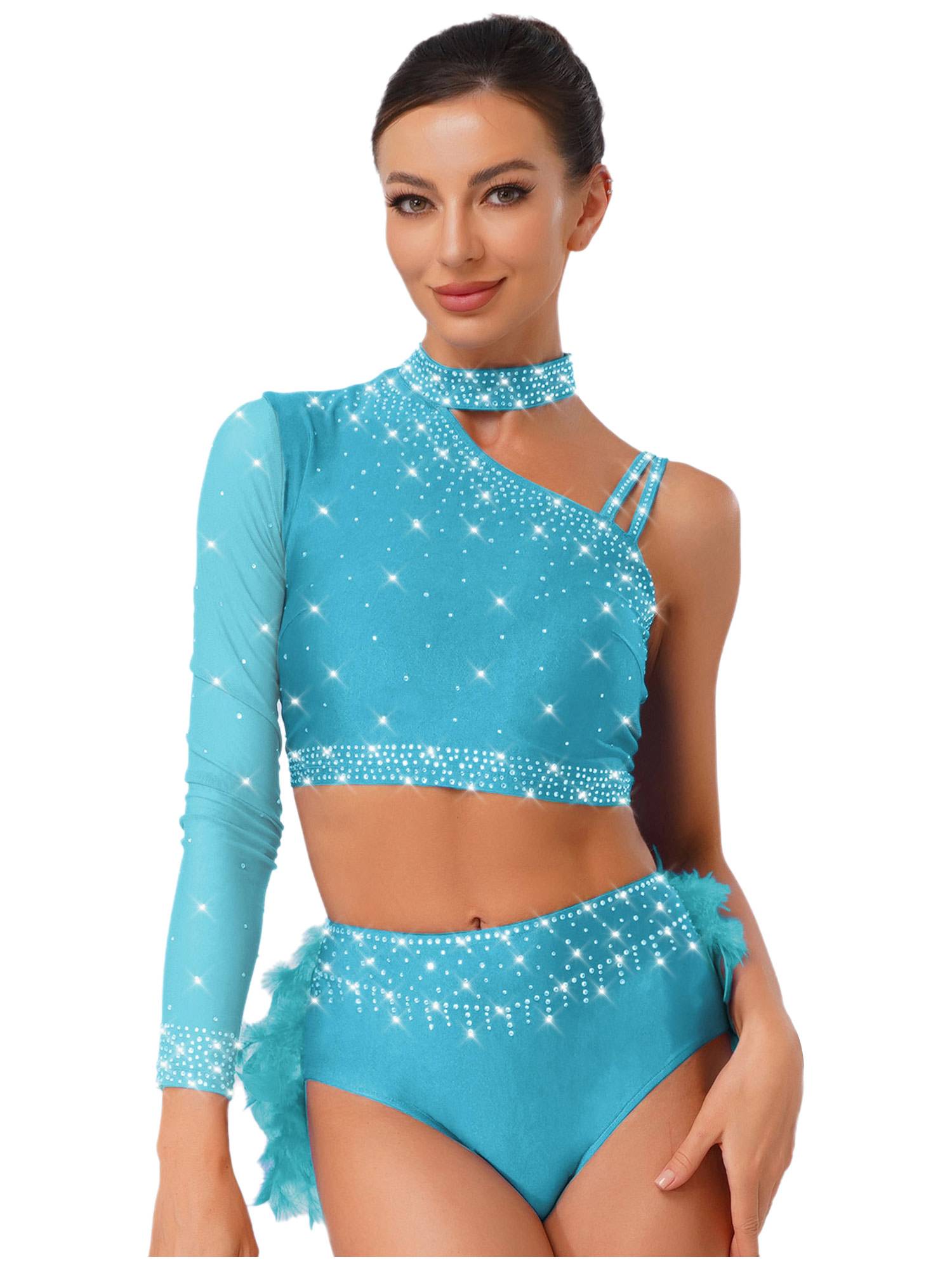 Womens Sparkle Feather Latin Dance OUtfit for Belly Dance, Cha-Cha & Tango