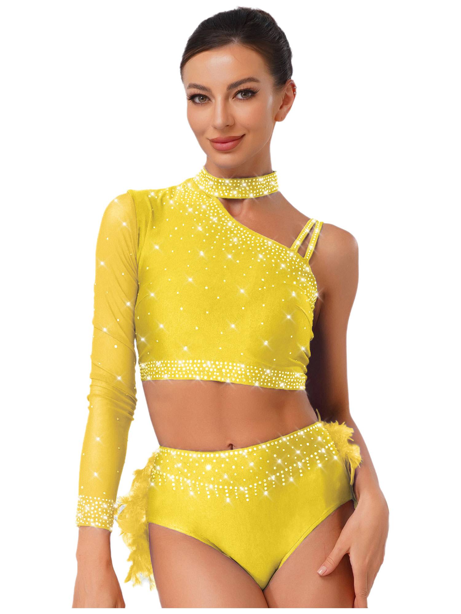 Womens Sparkle Feather Latin Dance OUtfit for Belly Dance, Cha-Cha & Tango