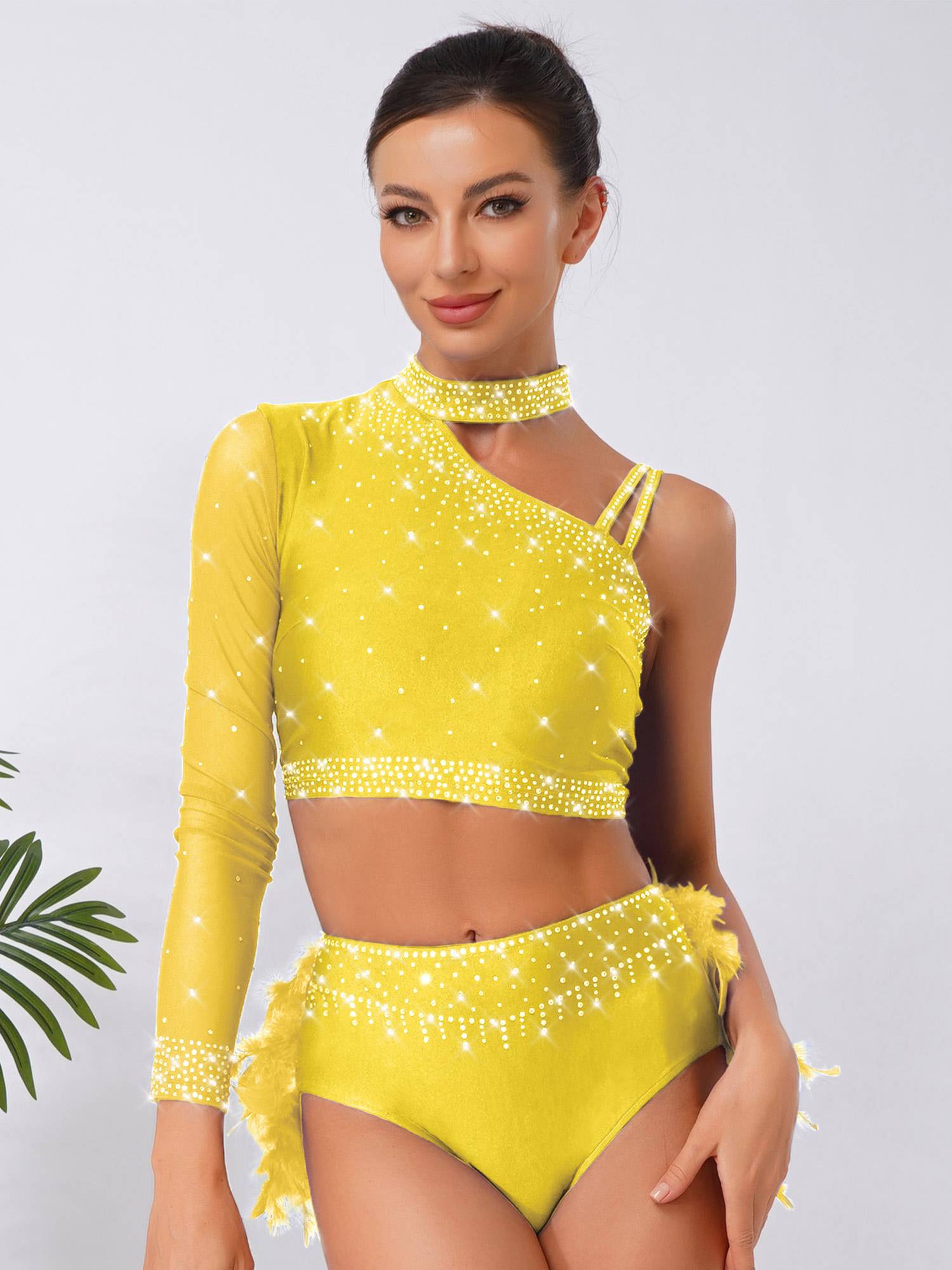 Womens Sparkle Feather Latin Dance OUtfit for Belly Dance, Cha-Cha & Tango